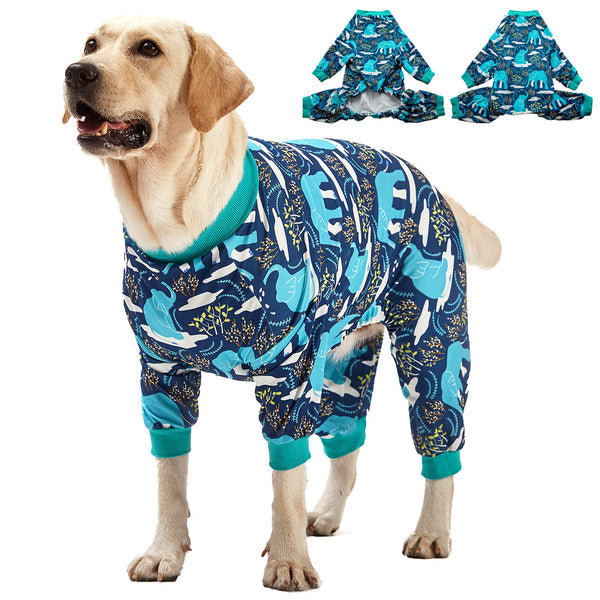 LovinPet Large Dog Clothes, Pet Anxiety Relief, UV Protection, Large Breed Dog Pajamas, Lightweight Stretchy Knit Fabric Onesie, Blue Elephant Print Weimaraner Jammies, Pet PJ's/XXL