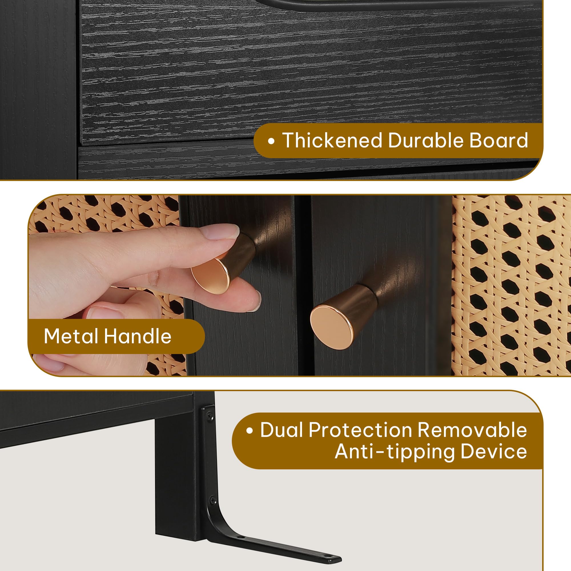 DWVO Rattan Drawer Dresser with Doors and Adjustable Shelves - Bathroom Cabinet with Large Drawer-Accent Cabinet Sideboard for Living Room/Entryway - Black