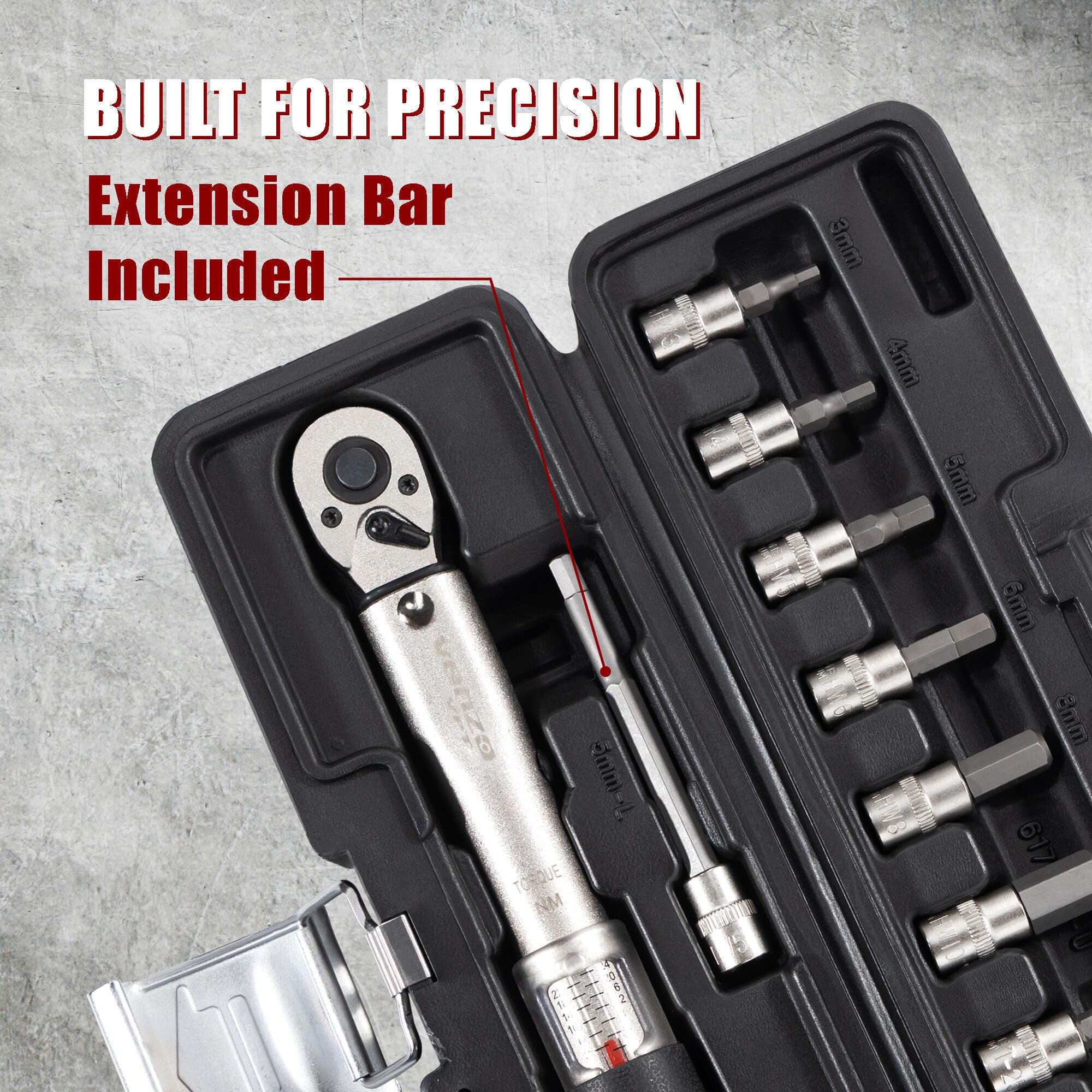 Venzo Bicycle Bike 1/4 Inch Driver - Torque Wrench Allen Key Tools Socket Set Kit 2-24Nm - Small Adjustable