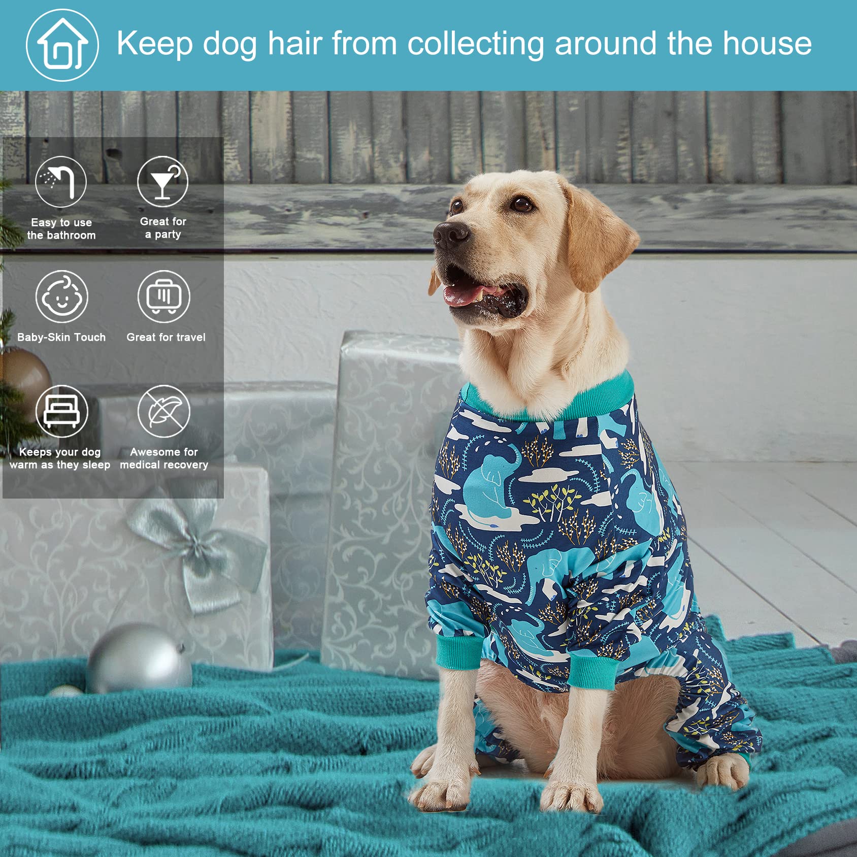 LovinPet Large Dog Clothes, Pet Anxiety Relief, UV Protection, Large Breed Dog Pajamas, Lightweight Stretchy Knit Fabric Onesie, Blue Elephant Print Weimaraner Jammies, Pet PJ's/XXL