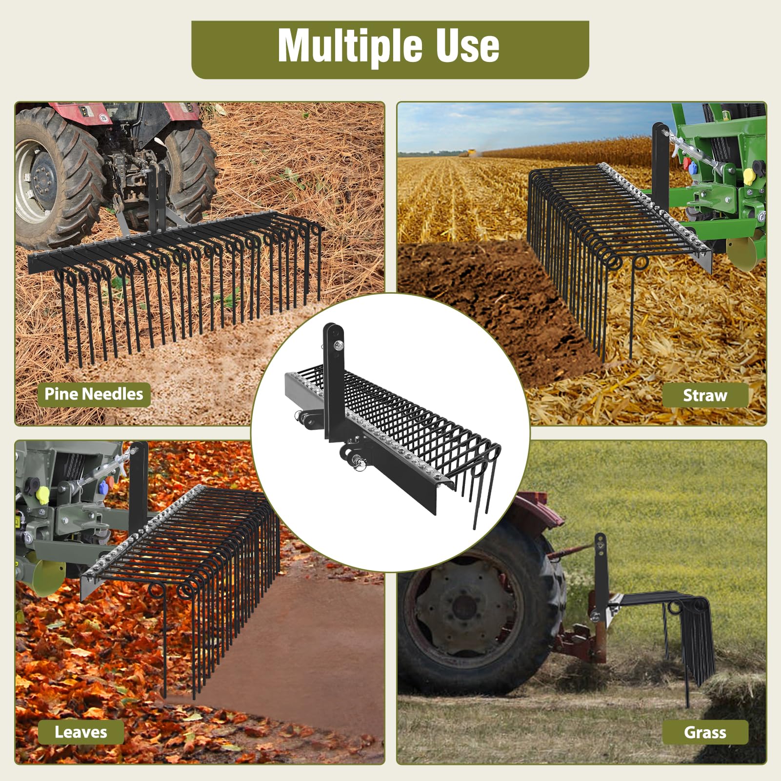 GAOMON 60 Inch Pine Straw Rake, 26 Coil Spring Tines Durable Powder Coated Steel Tow Behind Landscape Rake with 3 Point Hitch Receiver Attachment Fit to Cat0 Cat 1 Tractors for Leaves Grass, Black