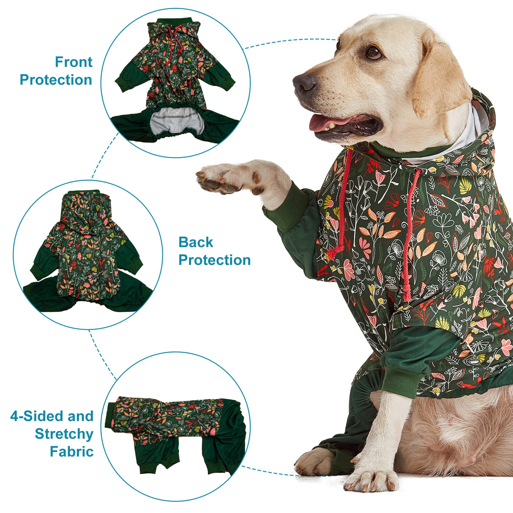 LovinPet Large Dog Onesies Big Pajamas: Wound Care/Post Surgery, Anxiety Relief, Lightweight Stretchy Fabric, Dog Pajamas,Dog Jammies, Reflective Stripe, Dew & Moss Dark Green Print, Pet PJ's /3XL