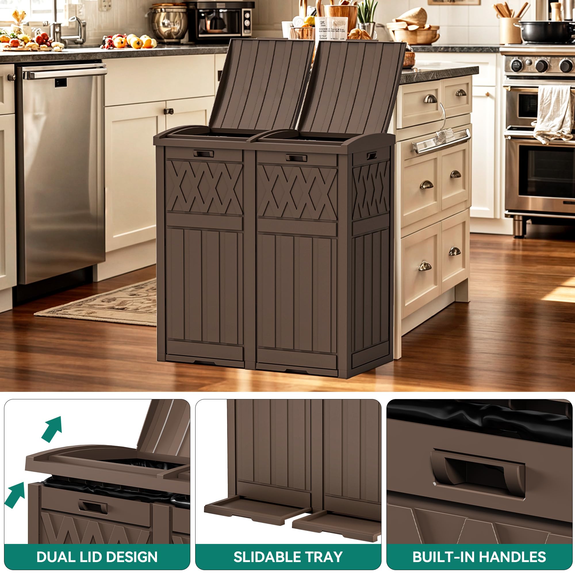 YITAHOME 76 Gallon Dual Compartment Outdoor Trash Can, Resin-Based with Layered Lid and Drip Tray, Waterproof Garbage Bin Brown