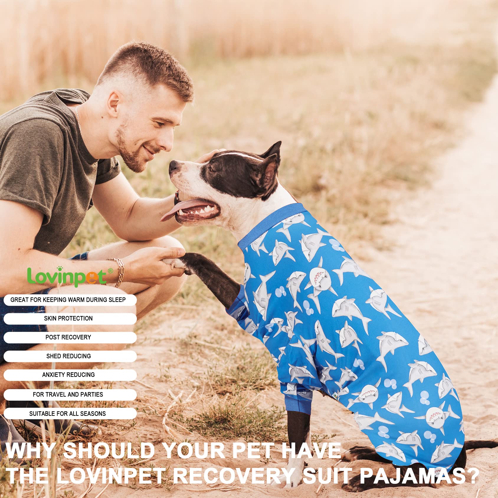 LovinPet Large Dog Pjs, UV Protection, Pet Anxiety Relief Onesies, Lightweight Stretchy, Blue Shark Print, Undershirt for Dog Sweaters and Coats, Large Breed Husky Pajamas, Pet PJ's/XXL