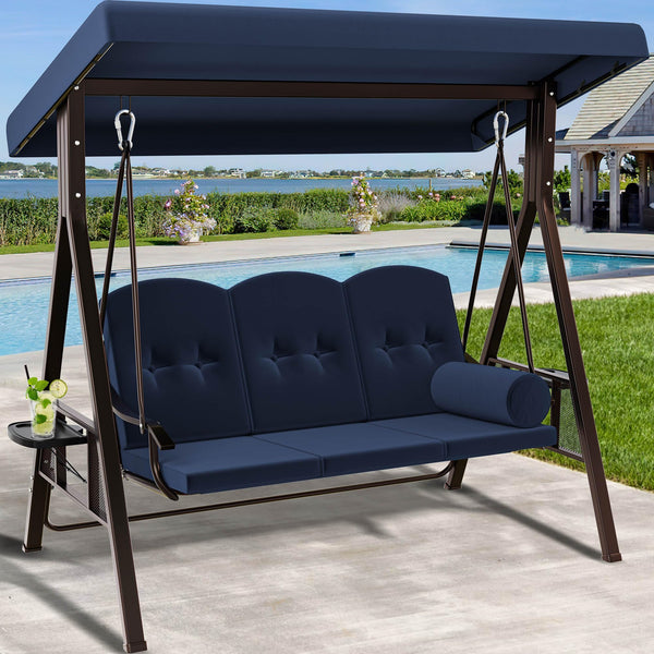 YITAHOME 3-Seat Deluxe Porch Swing Outdoor Heavy Duty Patio Swing Chair with Adjustable Canopy Removable Cushions Weather Resistant Steel Frame Suitable for Garden, Lawn, Backyard, Balcony, Navy Blue