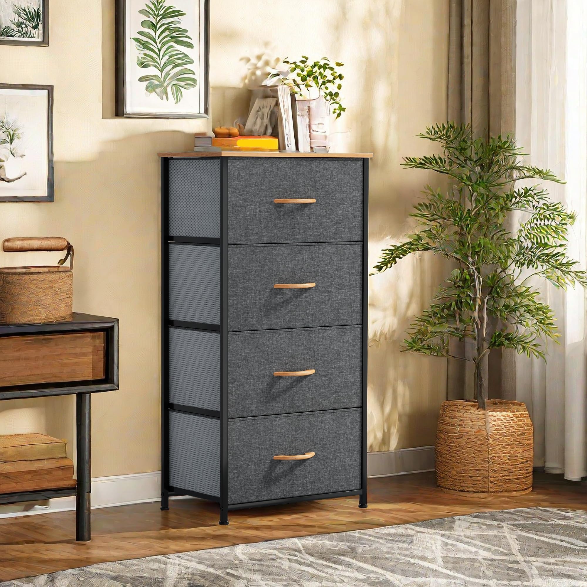 GOOBED Dresser with 4 Drawers - Fabric Storage Tower, Organizer Unit for Bedroom, Living Room, Hallway, Closets - Sturdy Steel Frame, Wooden Top & Easy Pull Fabric Bins, Dark Gray