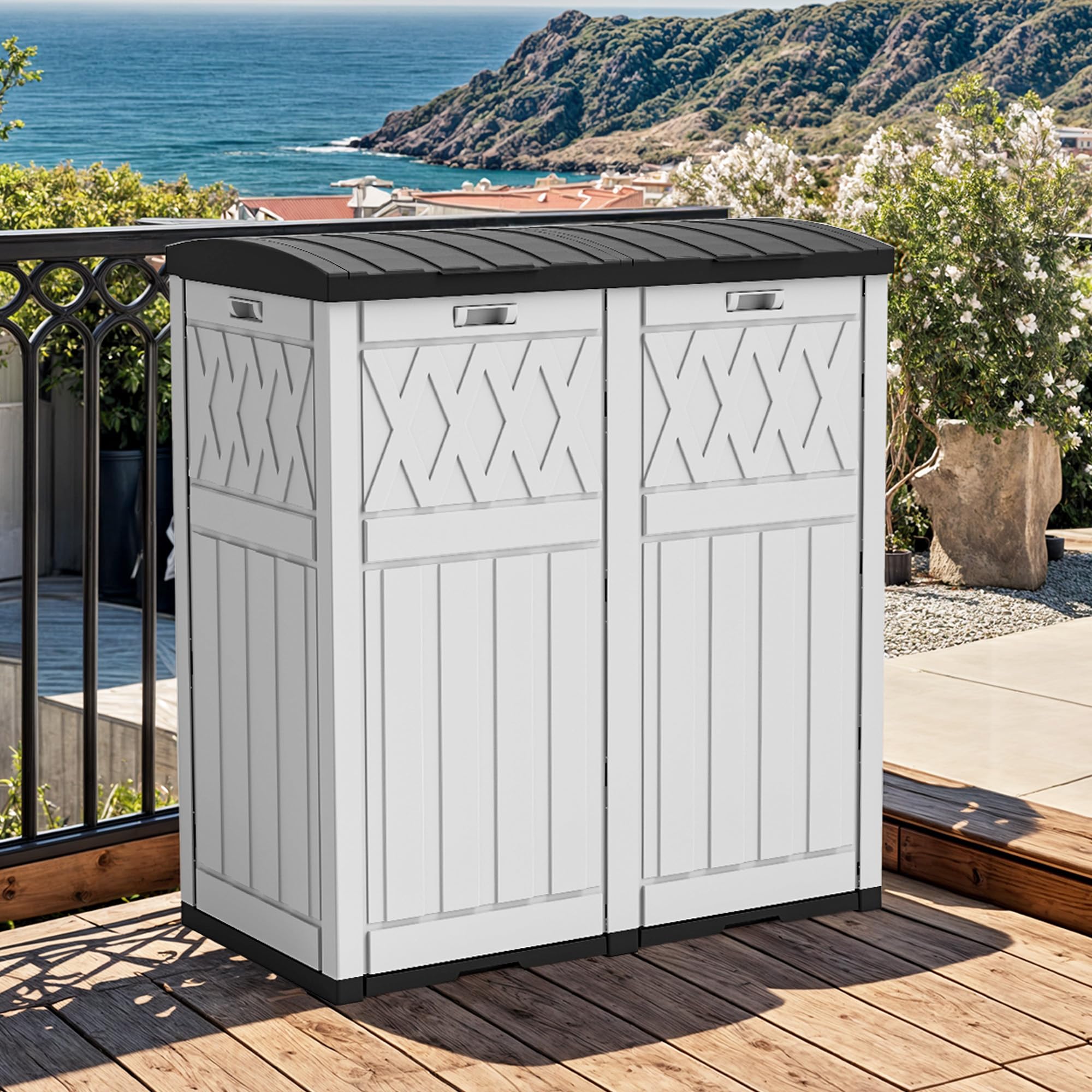 YITAHOME 76 Gallon Dual Compartment Outdoor Trash Can, Resin-Based with Layered Lid and Drip Tray, Waterproof Garbage Bin, Black + White