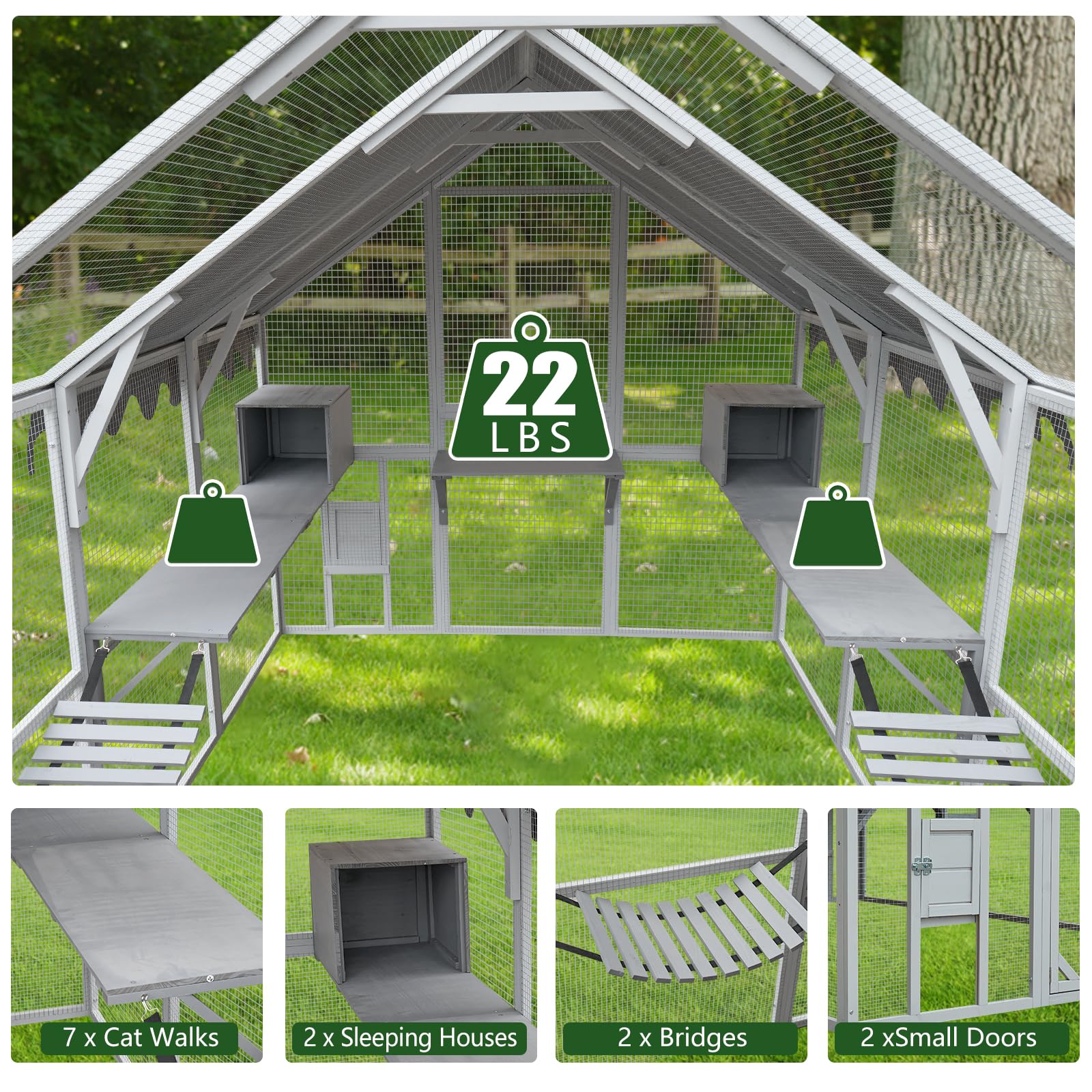110" Large Wooden Window Catio Outdoor Cat Enclosure Walk in Cat Cage Kitten Playpen Patio with Weatherproof Roof, Multiple Platforms, 2 Bouncy Bridges and 2 Resting Houses