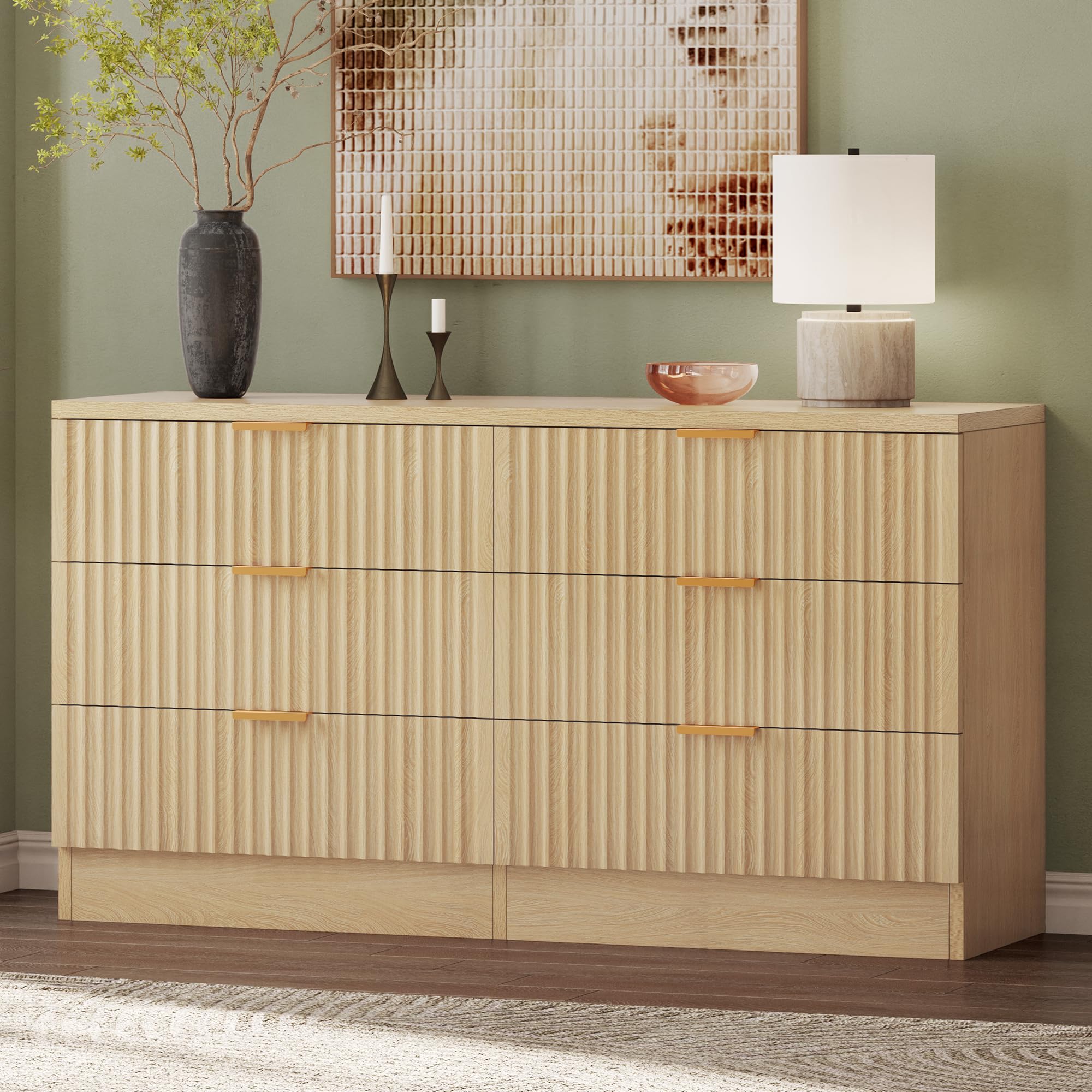 DWVO Fluted Sideboard Cabinet with 6 Drawers, Self-Standing Buffet Cabinet, Modern Drawers Dresser, Wooden Storage Cabinet for Living Room, Entryway, Hallway, Natural Oak