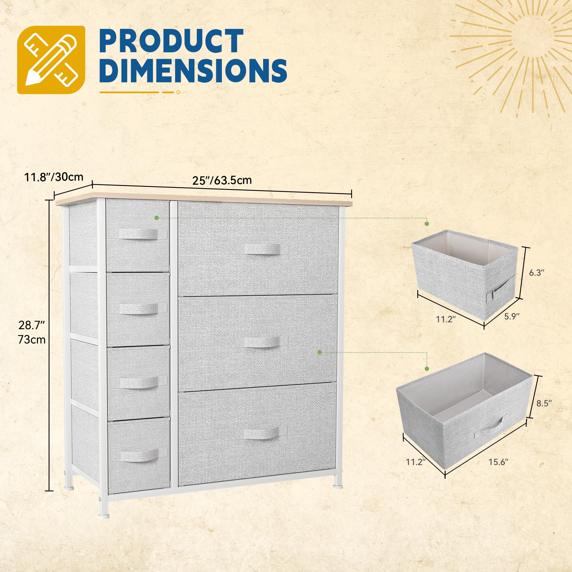 DWVO Dresser for Bedroom, 7 Drawers Fabric Dresser, Organizer Unit for Living Room, Hallway, Closets - Sturdy Steel Frame, Wooden Top & Easy Pull Fabric Bins, Light Gray
