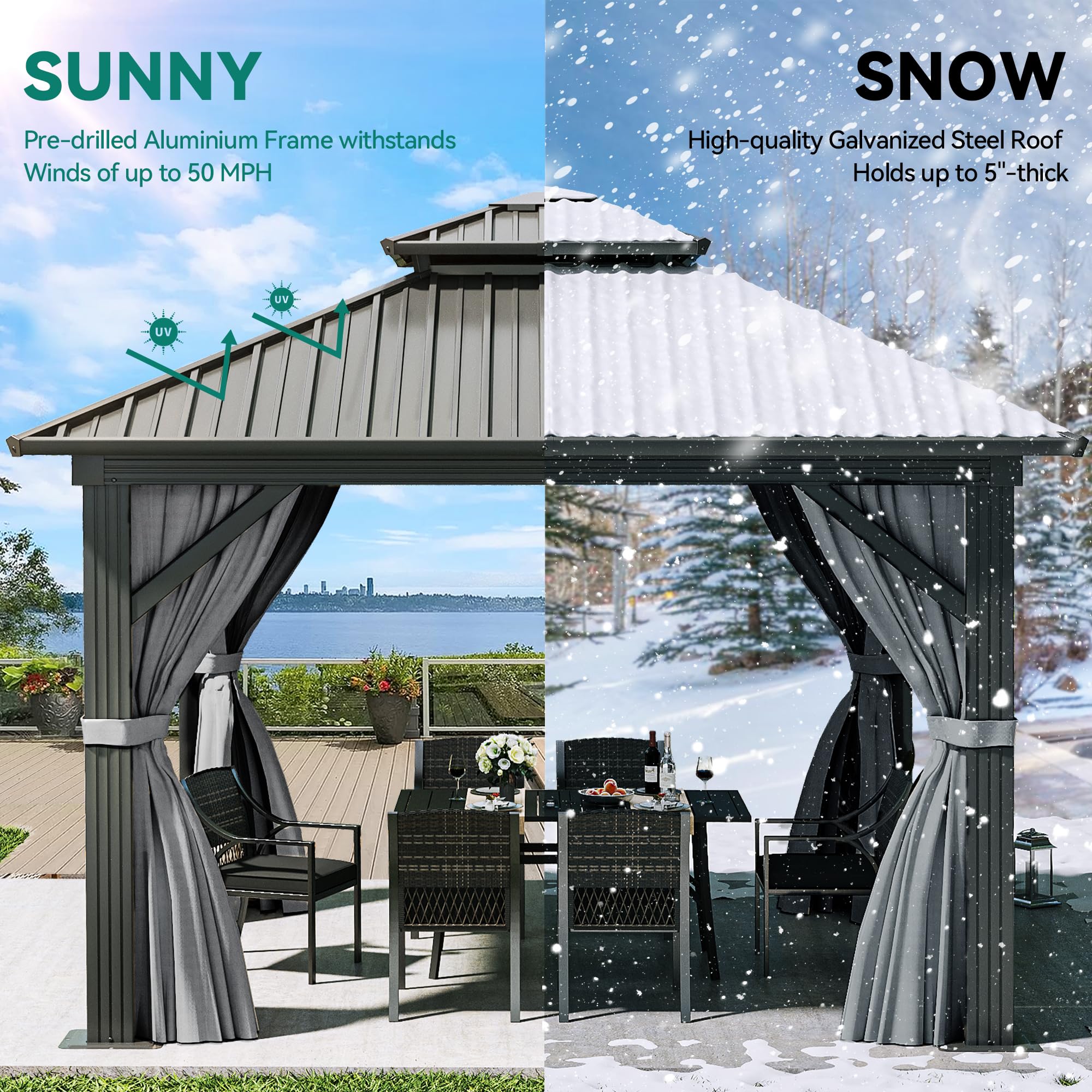 YITAHOME 10X10FT Hard Top Metal Gazebo Patios Double Roof Canopy Aluminum Frame Garden Gazebo Tent Curtains Netting for Patios Backyards Decks Lawns Gray