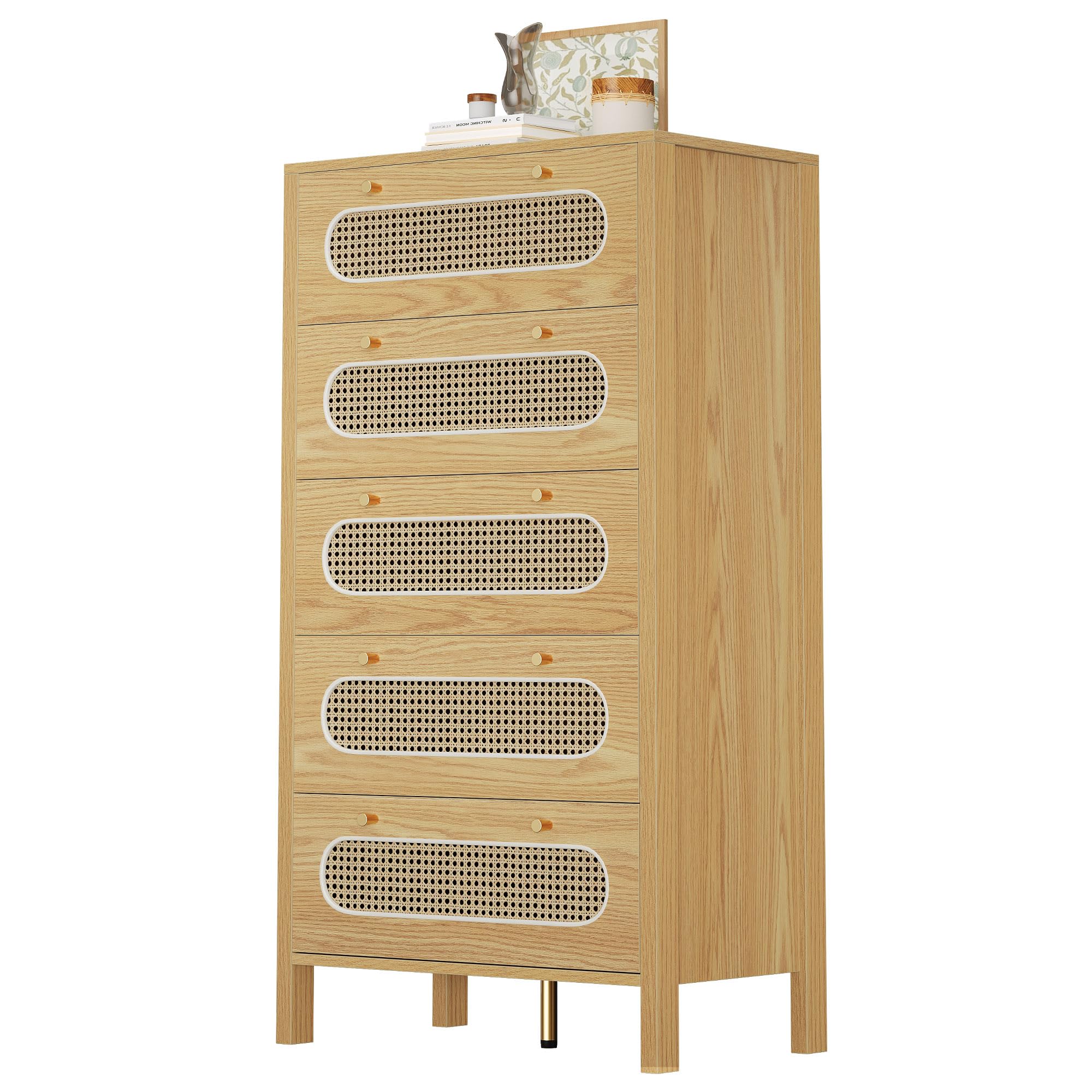 GOOBED Natural Rattan 5 Drawer Dressers Wooden Chest of Drawers with Golden Handles - Modern Large Boho Dressers Storage Cabinet for Living Room Hallway/Entryway Oak Nature