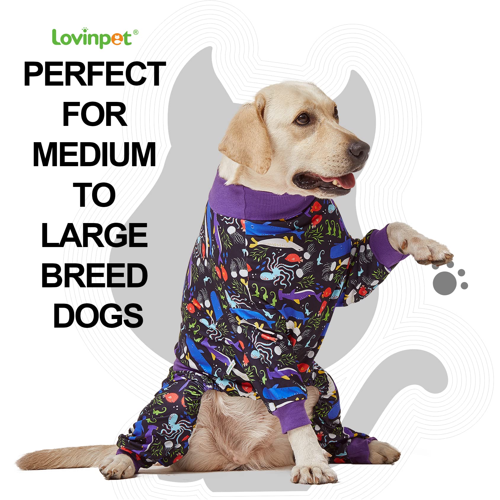 LovinPet Large Big Dog Pajamas - Post Surgery Onesie for Large Dog Breeds, Reflective Stripe, Lightweight Breatheable Stretchy Knit, Charcoal Gray Deep Sea Print, Pitbull Clothes, Pet PJ's, Black M