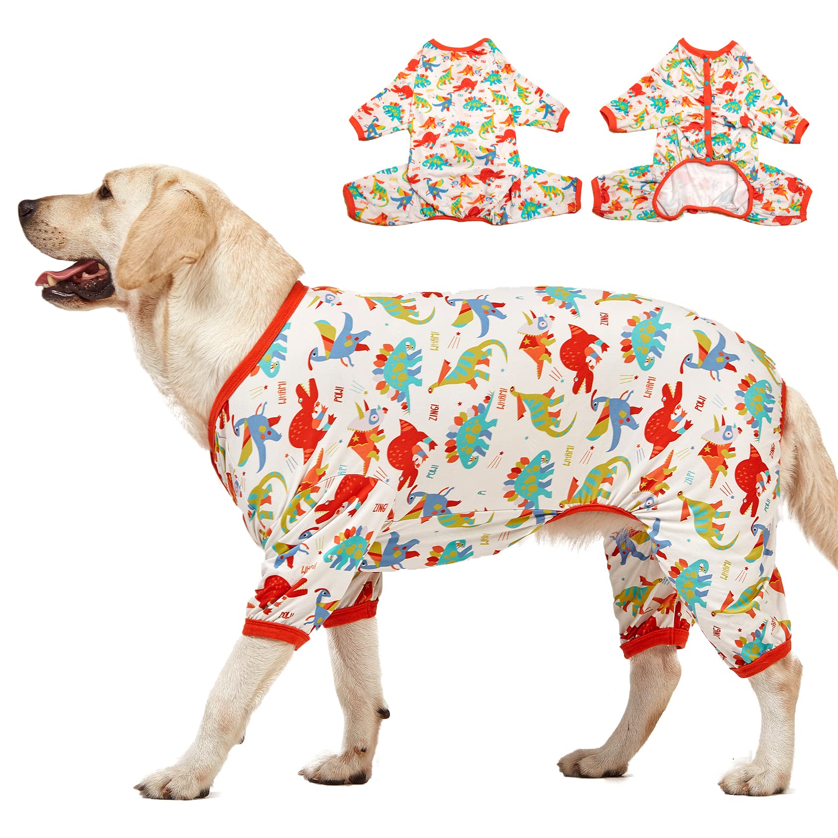 LovinPet Large Dog Pajamas, Undershirt for Dog Coats, Anti Licking, Pitbull Clothes, Pet Anxiety Calming Onesies for Dogs, White Dinos Print, Pet Pajamas for Dogs, Pitbull Shirt, M