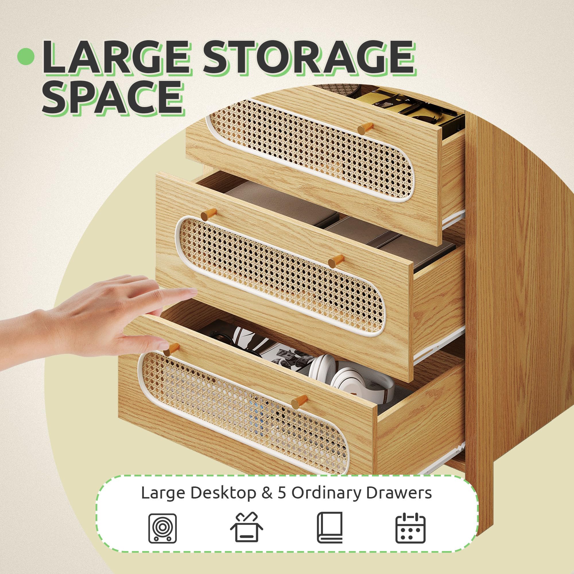 GOOBED Natural Rattan 5 Drawer Dressers Wooden Chest of Drawers with Golden Handles - Modern Large Boho Dressers Storage Cabinet for Living Room Hallway/Entryway Oak Nature