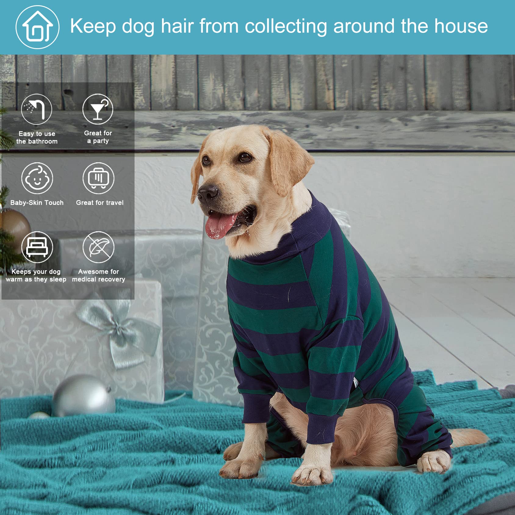 LovinPet Large Dog Pajamas Bodysuit, Lightweight Stretchy Knit Pullover Dog Onesie, Pet Pajamas for Dogs, Green and Black Stripe Print Dog Shirt, UV Protection, Stop Shedding for Dogs, Pet PJ's, L