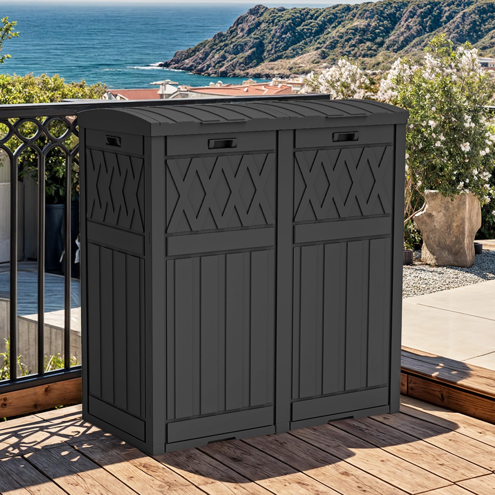 YITAHOME 76 Gallon Dual Compartment Outdoor Trash Can, Resin-Based with Layered Lid and Drip Tray, Waterproof Garbage Bin Black
