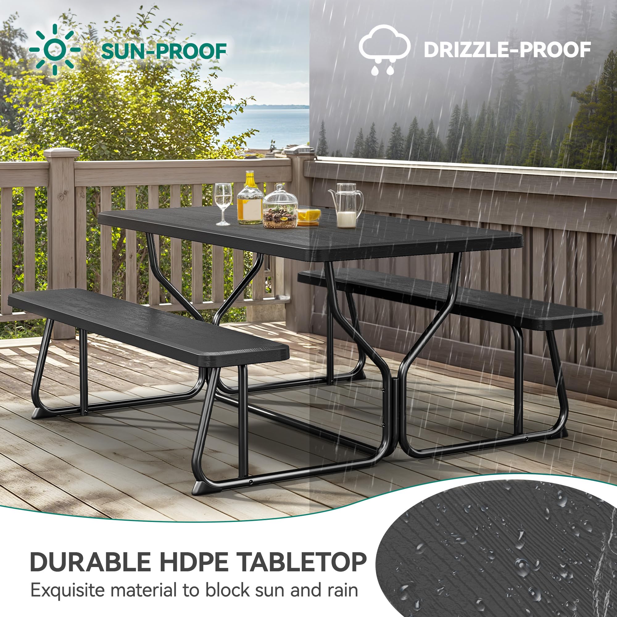 YITAHOME Picnic Table Heavy Duty Outdoor Picnic Table and Bench with Weather Resistant Resin Tabletop & Stable Steel Frame for Yard Patio Lawn Party Black