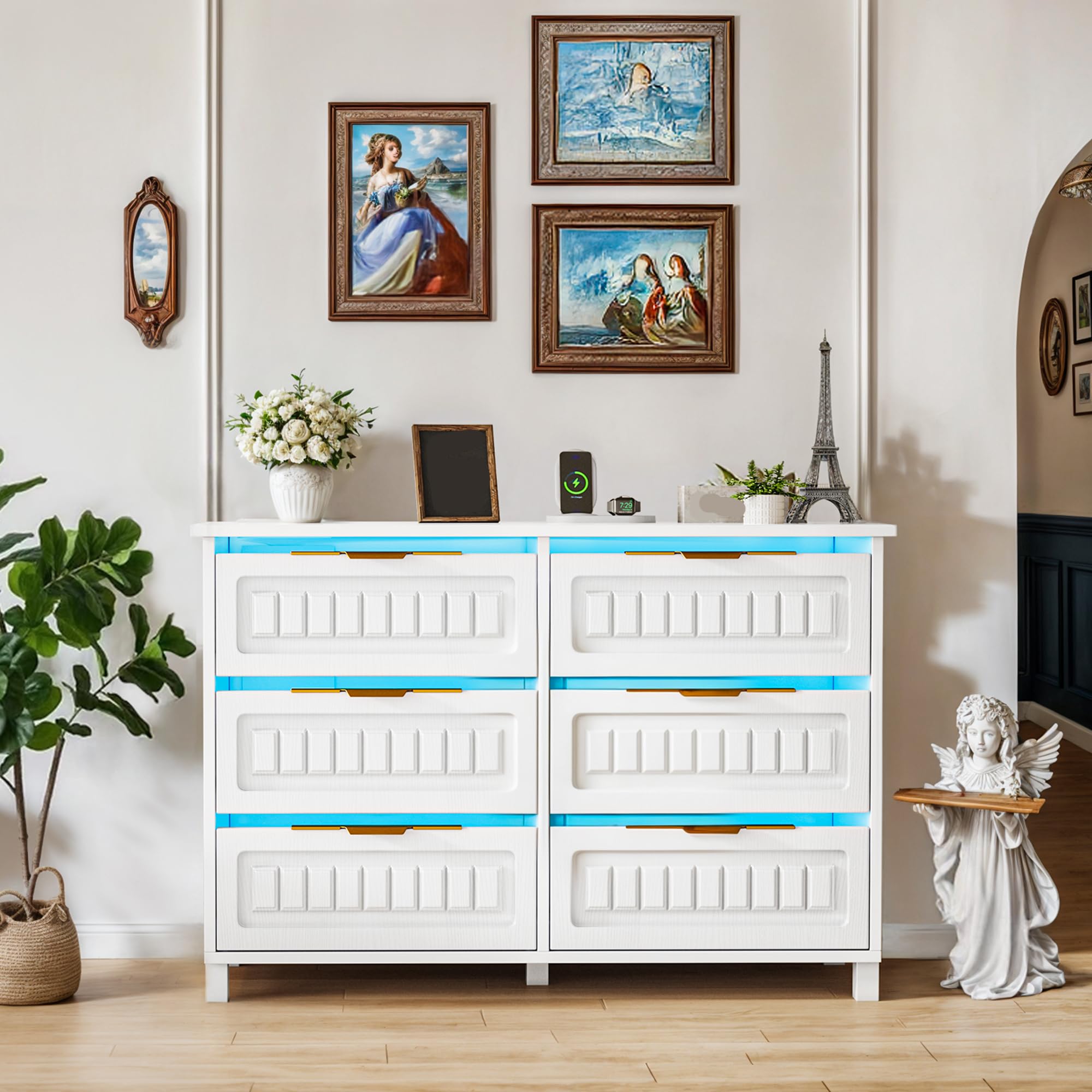 DWVO 6-Drawer Dresser for Room, White Wood Dresser with Charging Station and LED RGB Light, Chest of Drawers Storage Organizer TV Stand for 60'' TV for Room, Living Room, Closet, Entryway
