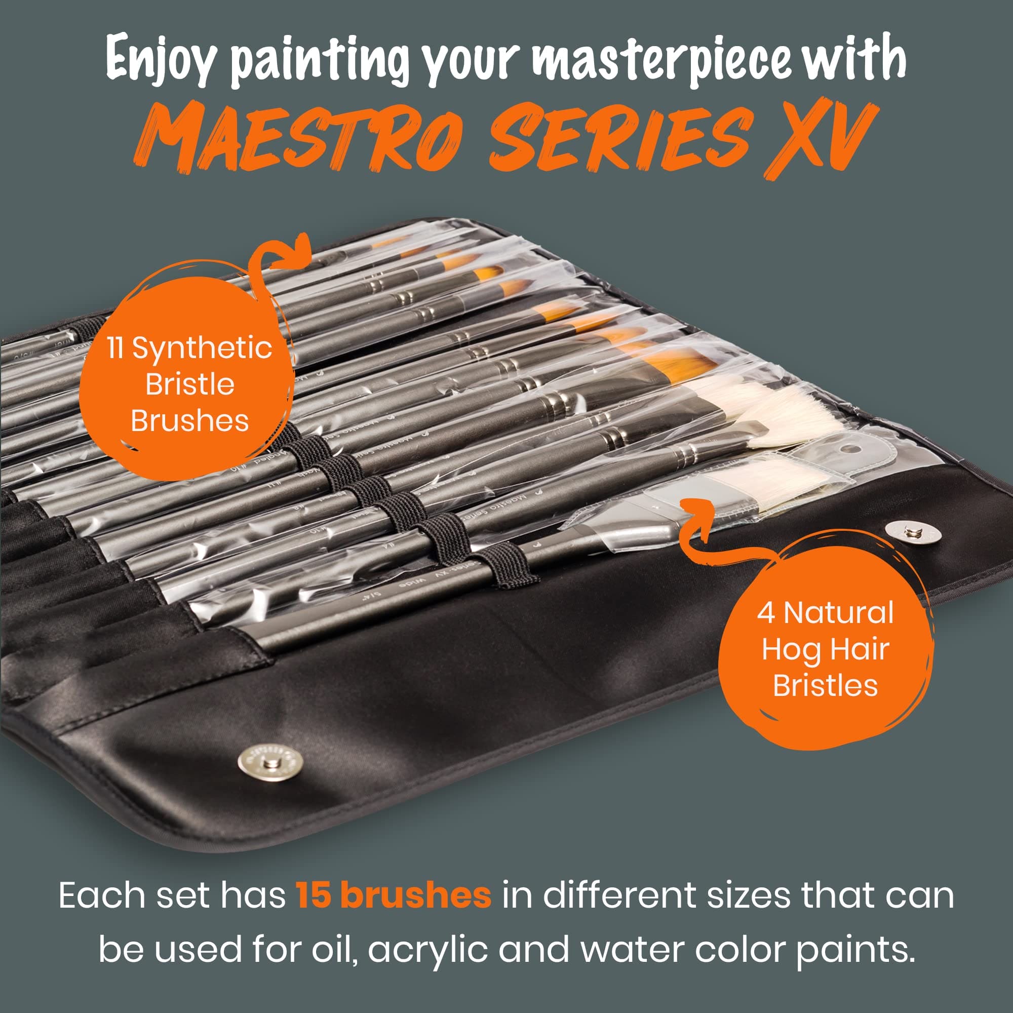 Professional Paint Brushes Set. Artist Paint Brush for Oil, Acrylic Painting on Canvas, Watercolor, Gouache. 15pc Travel Bag Brush Holder