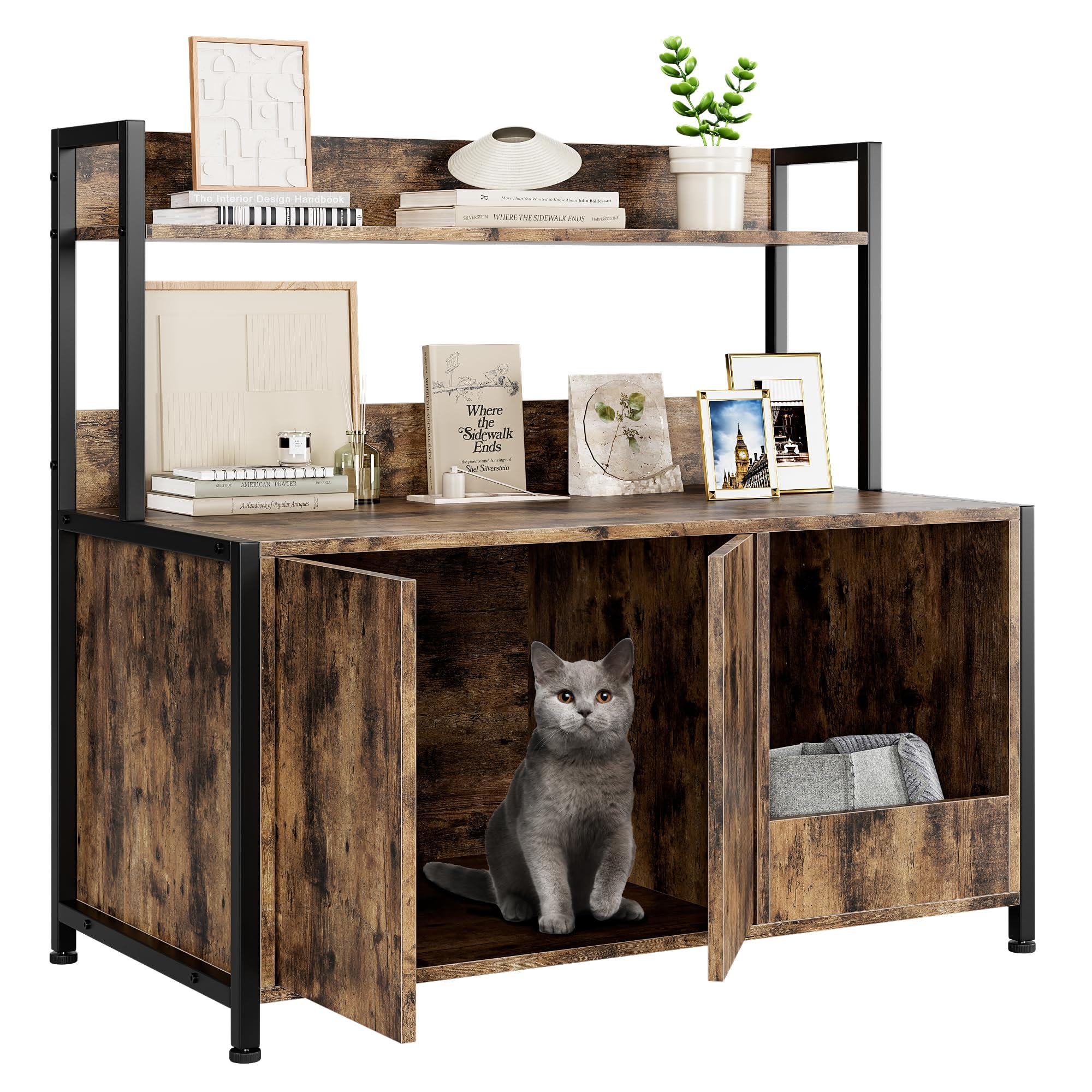 IDEALHOUSE 2024 New Cat Litter Box Enclosure, Retro Sleek Hidden Litter Box Enclosure with Shelves Storage, Wooden Cat Litter Furniture, The Purrfect Blend of Function and Style, Brown