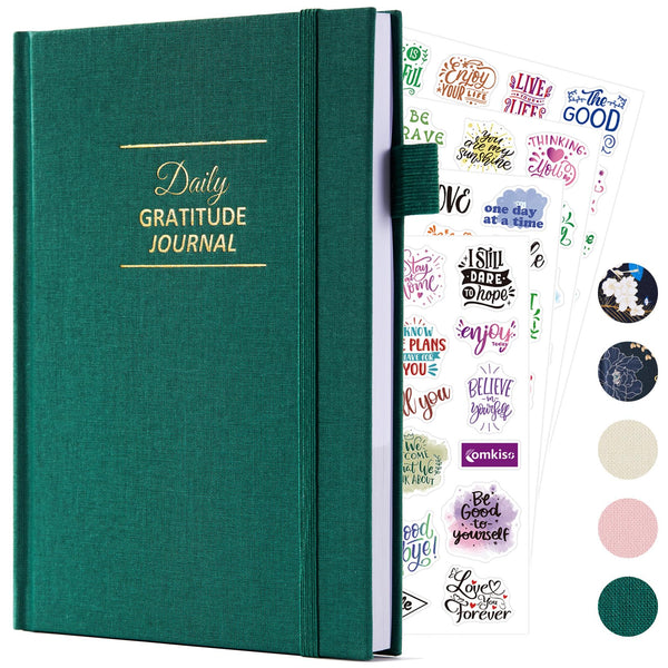 Comkiso Gratitude Journal with 4 Inspirational Stickers: Undated Daily Gratitude Journal for Women and Men - More Happiness, Affirmation, and Mindfulness in A Few Minutes with Prompts & Quotes (Green)