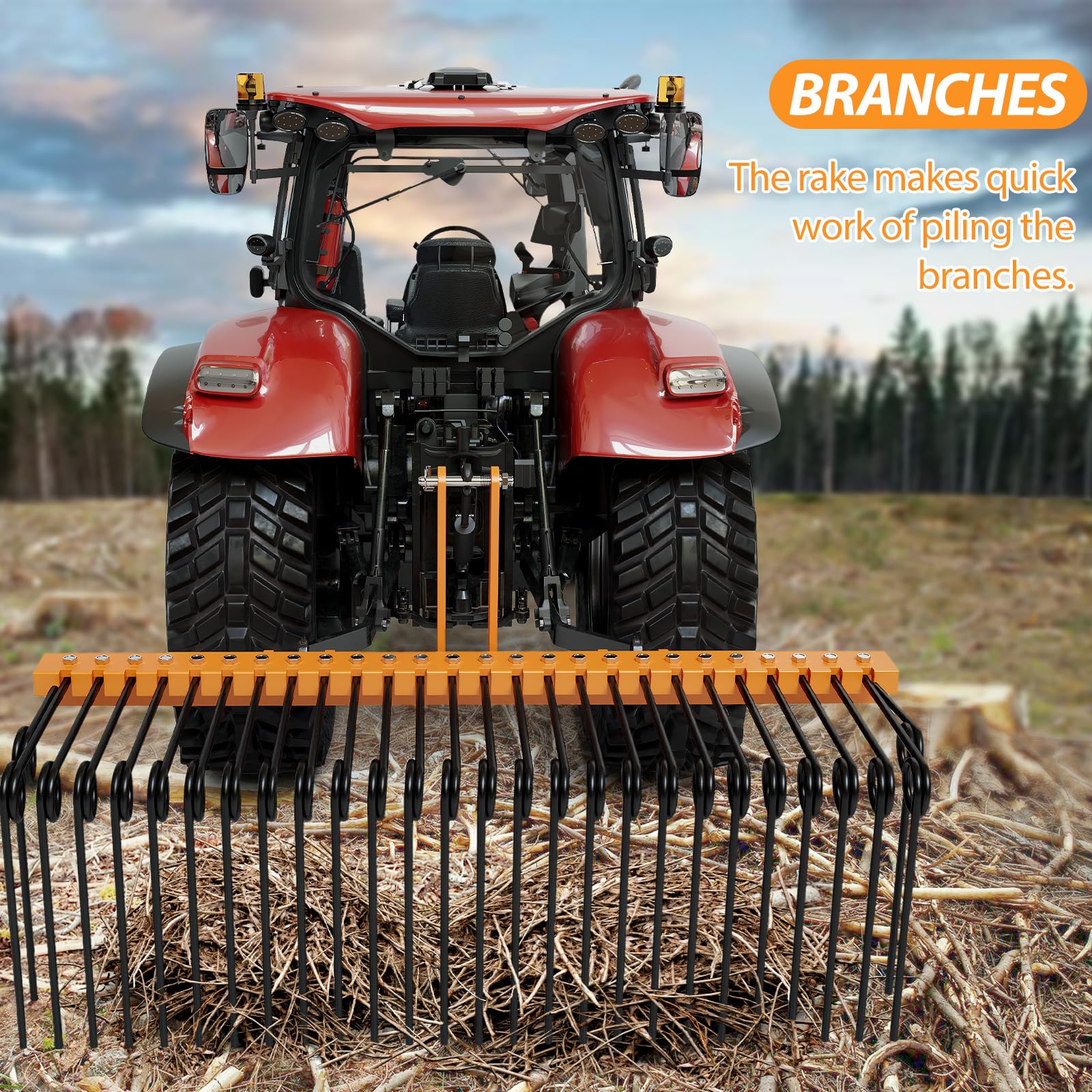 GarveeLife 72 Inch Pine Straw Needle Rake, 3 Point Landscape Rake, Powder Coated Steel Spring Tow Behind Rakes, Tractor Attachments for Leaves Straw Grass Attach to Cat 0 Cat 1, Orange