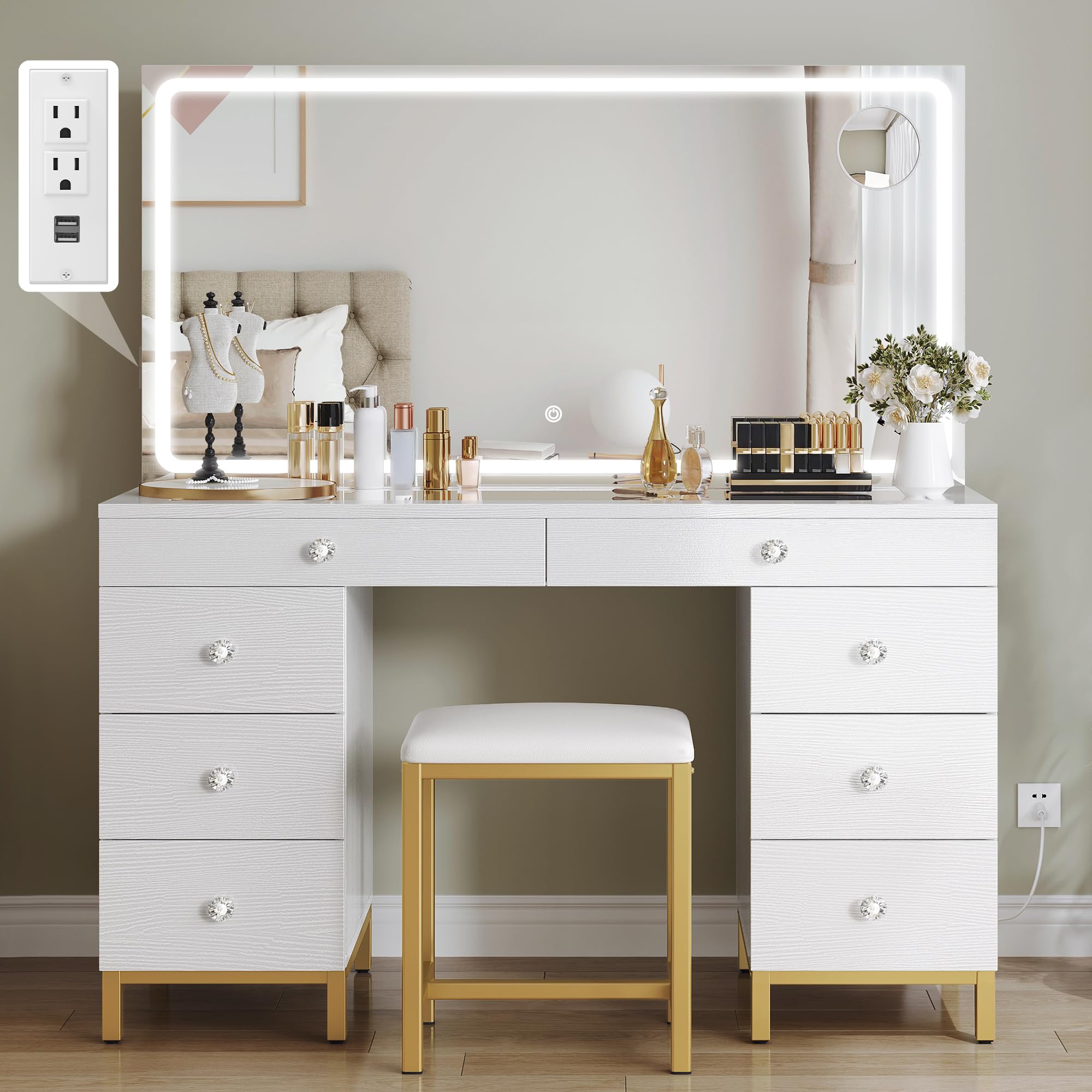 YITAHOME Vanity Desk with Mirror, Power Outlet and Magnifying Glass, Dressing Table Set with Chair, Makeup Vanity Table with Stool, 8 Drawers, Adjustable 3 Lighting Colors, White