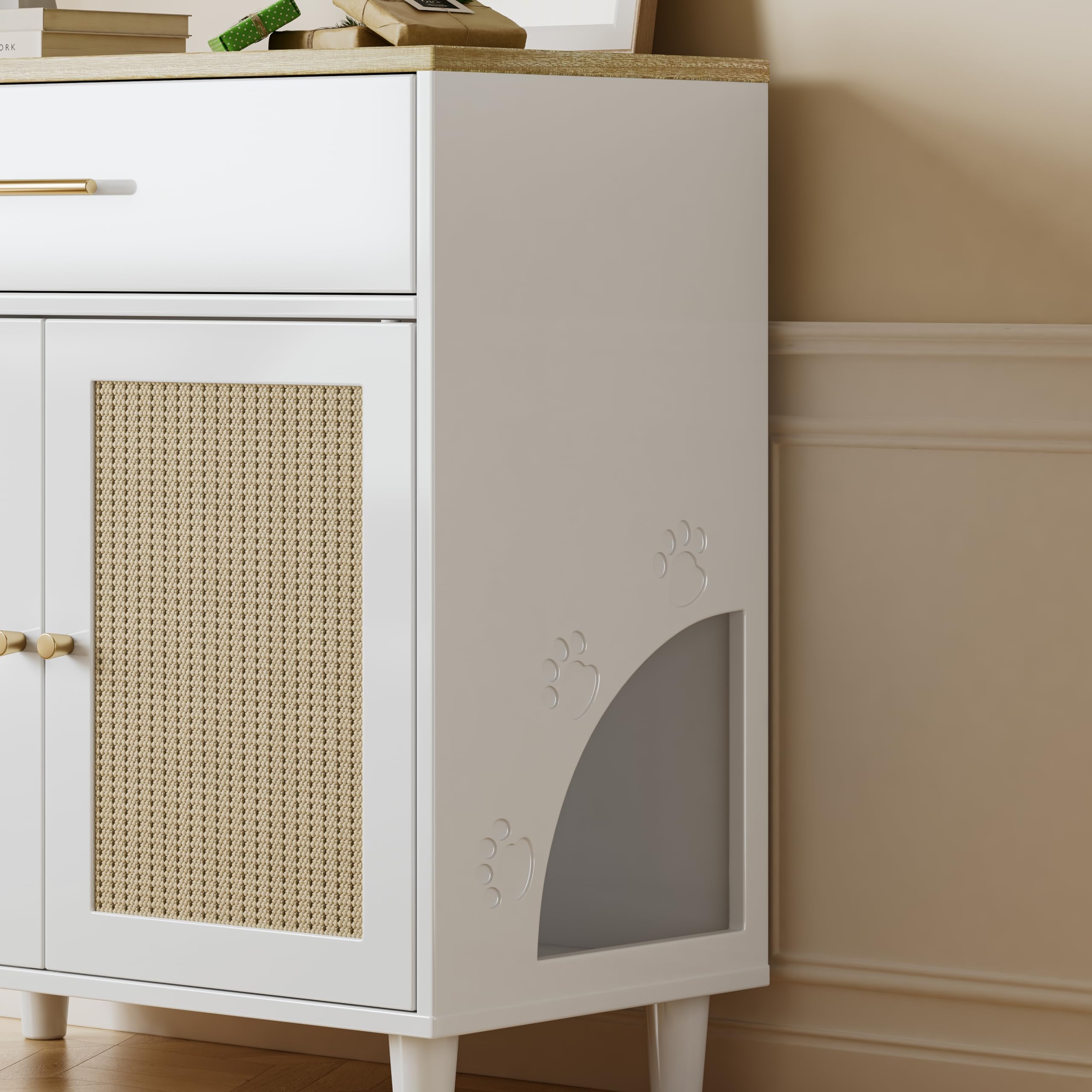 Hidden Cat Litter Box Furniture, 32'' Wood Litter Box Enclosure With Drawer and 2 Sisal Doors, Cat Kitty Litter Box Cabinet Side Cabinet With Storage White