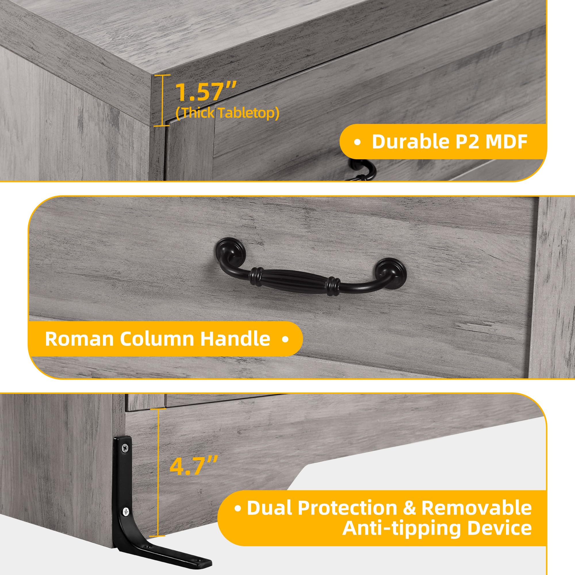 DWVO Farmhouse 6 Drawer Dresser for Bedroom, 59" Wide Large Modern Dresser TV Stand with Drawers & Bar Handles, Storage Dressers with Power Outlets, Rustic Wood Chest of Drawers, Grey