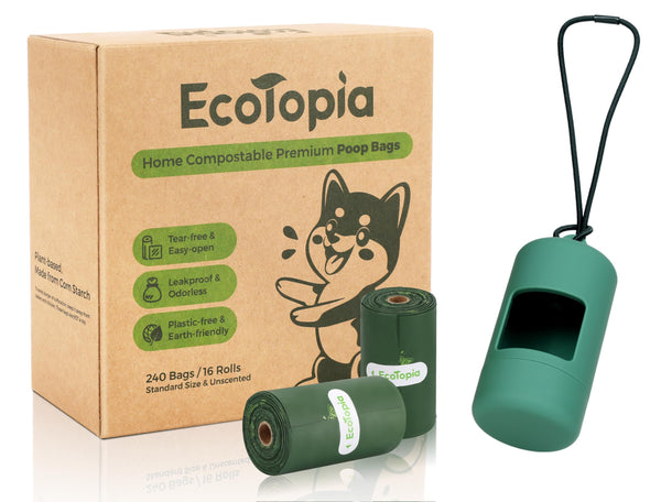 Tear-Free Dog Poop Bags Rolls and Recyclable Poop Bags Dispenser, ASTM D6400 & EN 13432 Compliant Dog Waste Bags,Extra Thick&Leakproof,240Bags,Dark Green