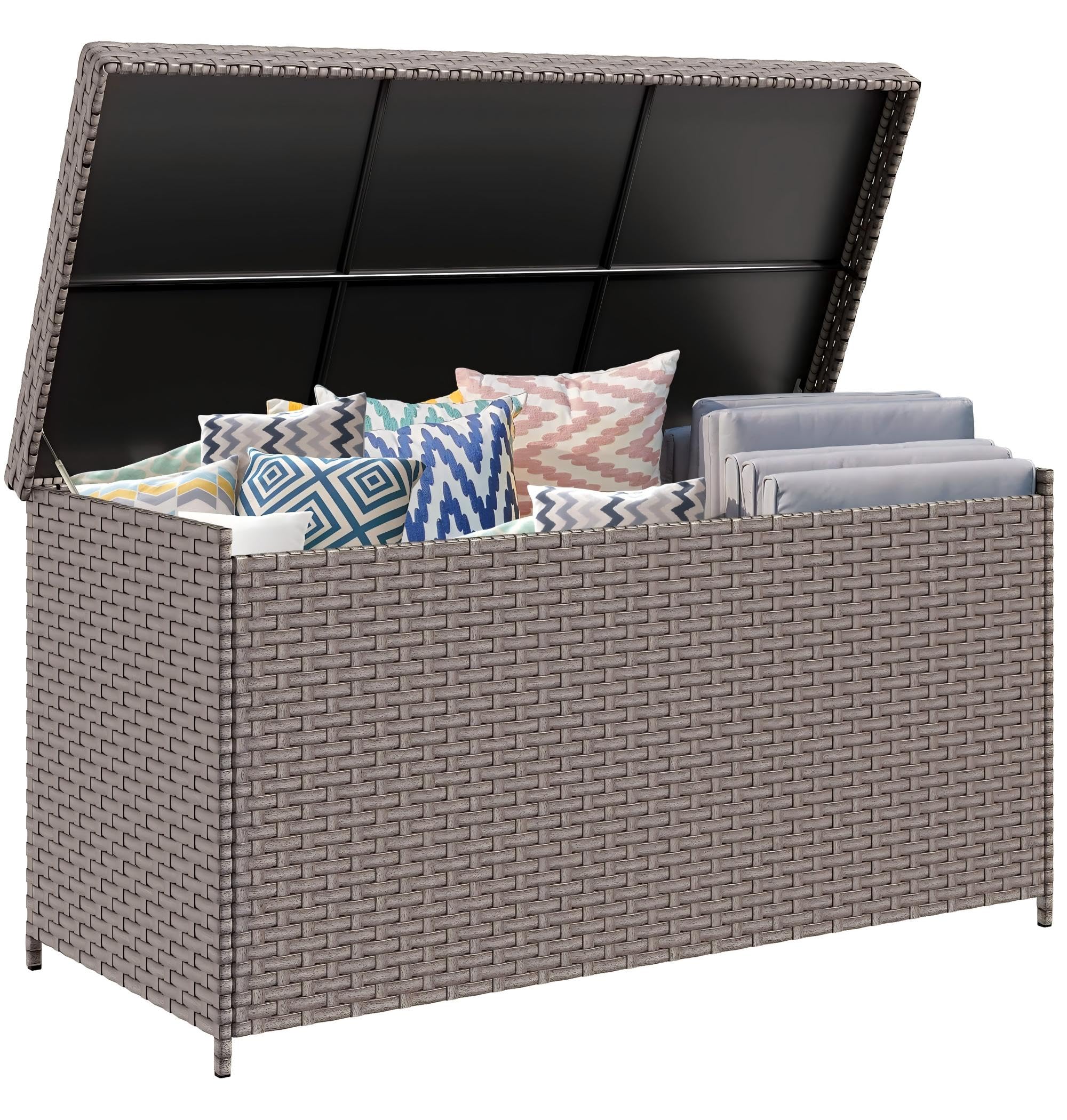 DWVO 260Gal XXL Outdoor Storage Box | All-Weather PE Wicker Deck Box with Waterproof Inner Bag & Elevated Feets | Patio, Pool, Garden Tools Container (Brown)
