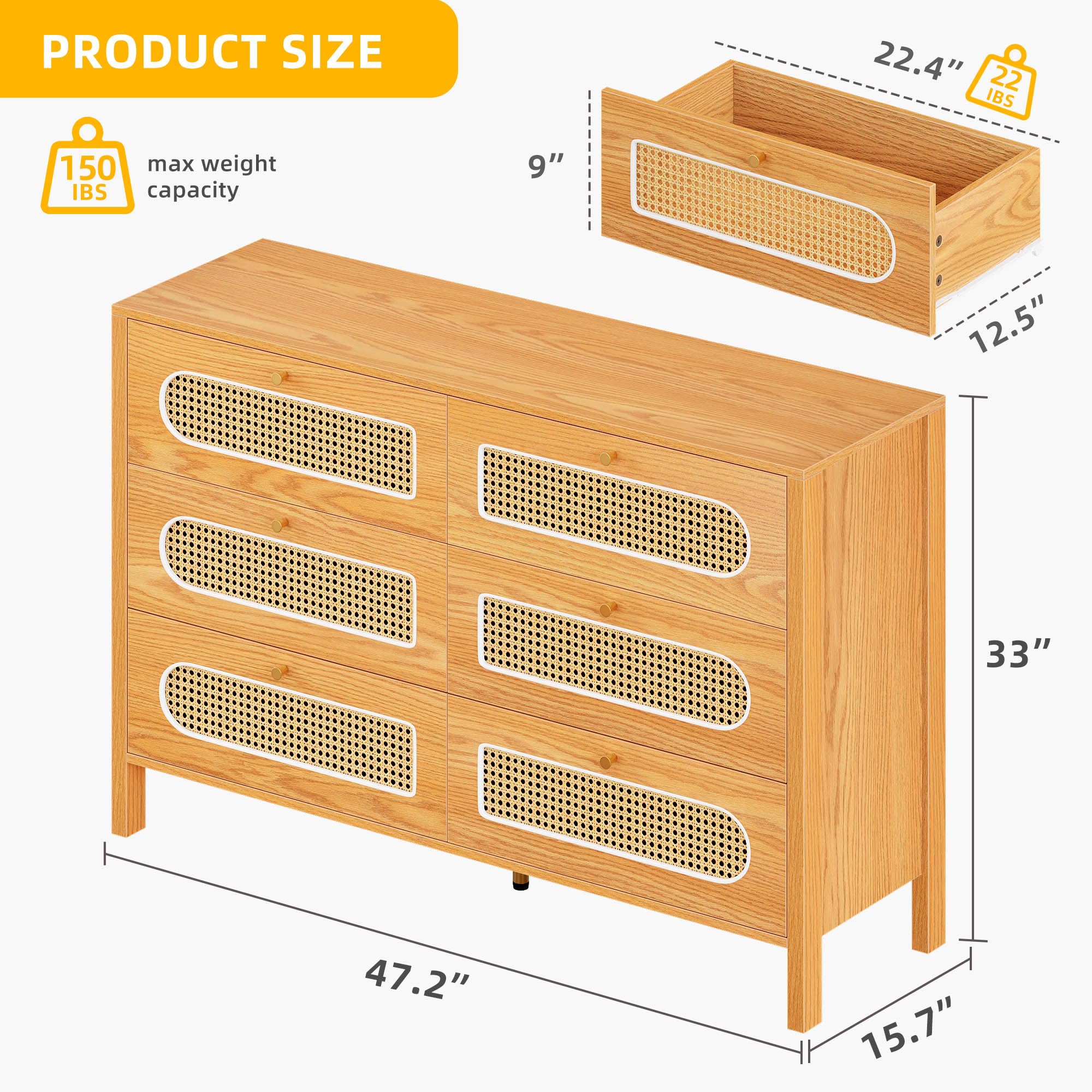 DWVO Buffet Cabinet Rattan - Storage Cabinet with 6 Wood Storage Closet Dressers Chest - Coffee Bar Cabinet with Drawer-Accent Cabinet with Golden Handles for Living Room/Dining Room/Entryway-Natural