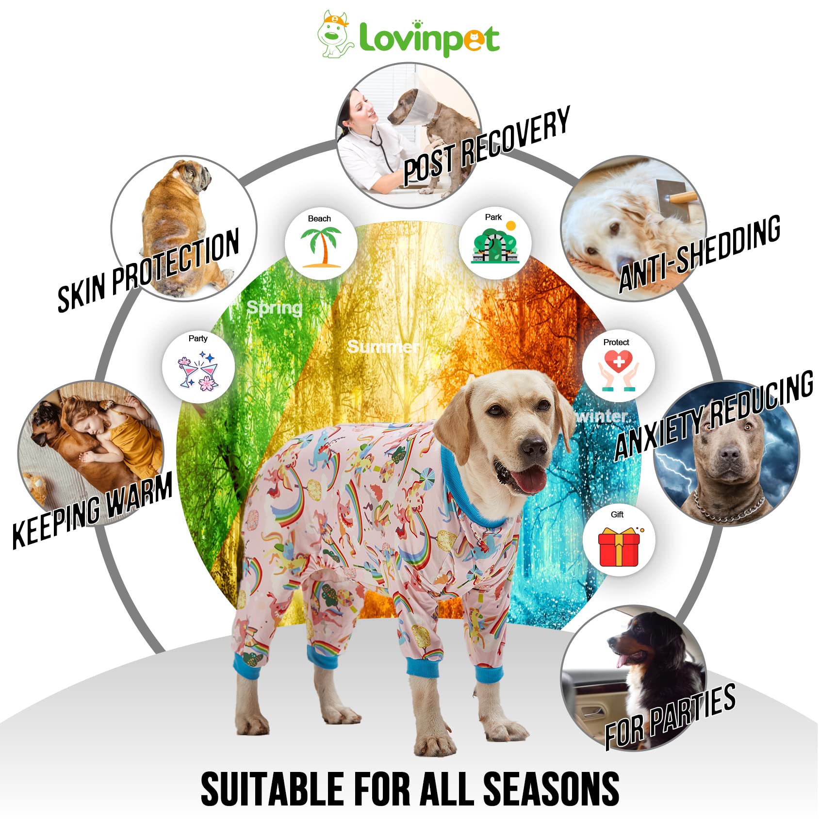 LovinPet Large Dog Pajamas Onesie, Magic Rainbow Shine Pink Print, Lightweight Stretchy Knit Pullover Large Puppy Pajamas, Pjs for Pitbulls, Stop Shedding for Dogs, Pet PJ's, M