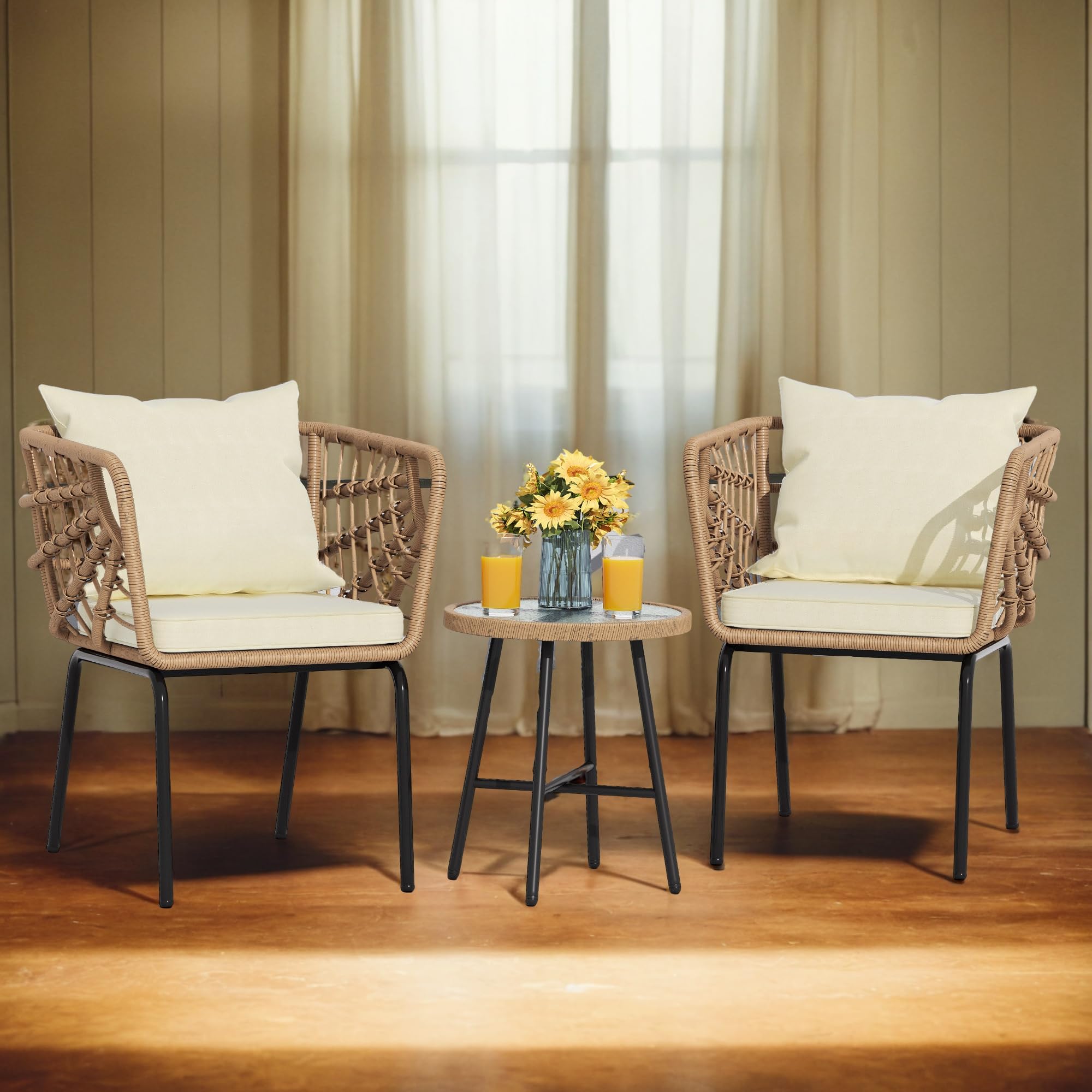 YITAHOME Accent Chairs Set of 2, Wicker Arm Chair with Soft Cushion, Comfy Living Room Chairs Mid-Century Modern Reading Chairs with Side Table for Living Room, Bedroom, Balcony, Beige