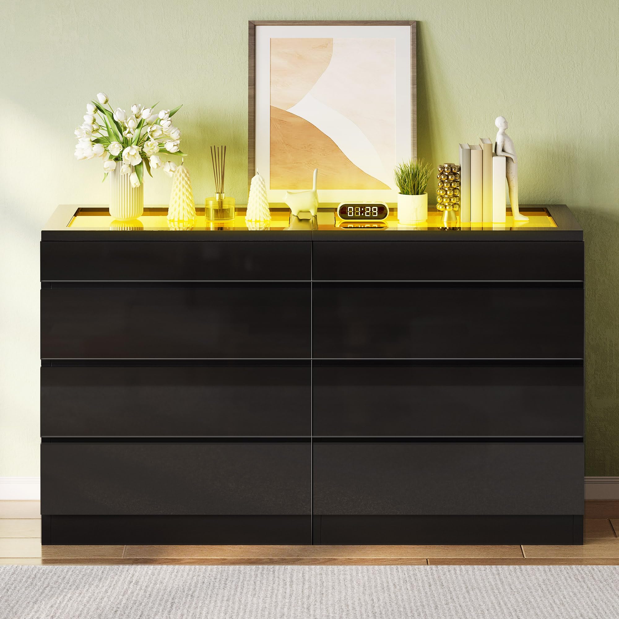 DWVO 8 Drawer Dresser, Black Dresser, Modern 8 Chest of Drawers with Deep Drawers Glass Top High Gloss Surface, Storage Organizer Cabinet for Living Room