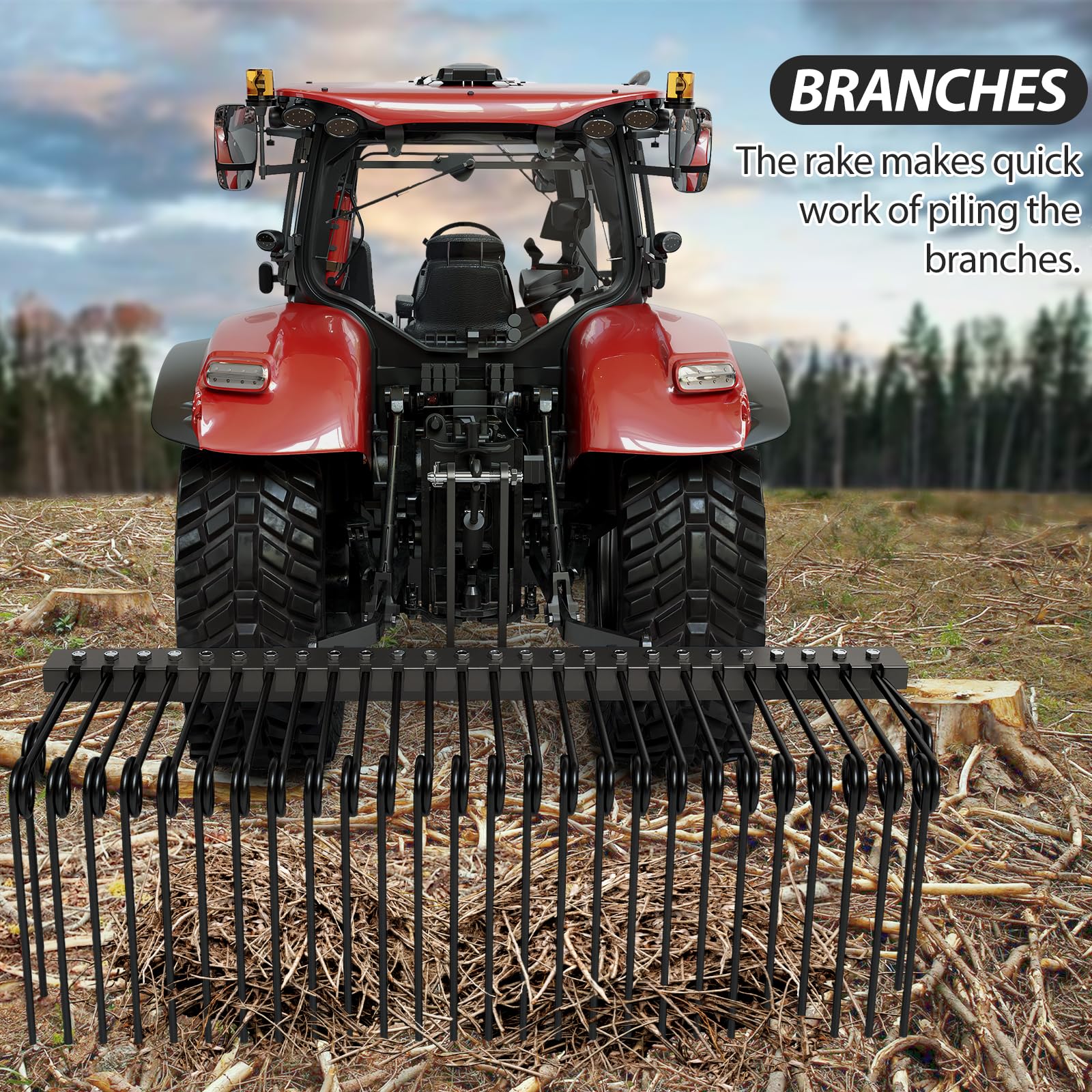 72 Inch Pine Straw Needle Rake, 3 Point Landscape Rake, Powder Coated Steel Spring Tow Behind Rakes, Tractor Attachments for Leaves Straw Grass Attach to Cat 0 Cat 1, Black
