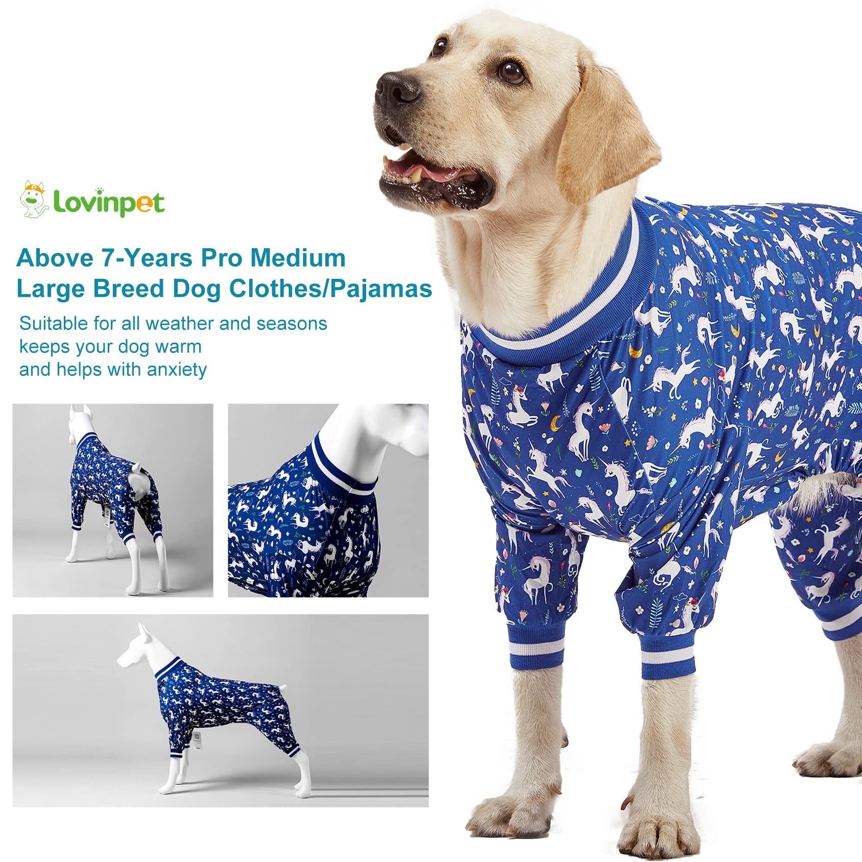 LovinPet Large Dog PJS Clothes: Wound Care/Post Surgery Mastiff Shirt, Lightweight Stretchy Knit Dog Pajamas, Mermaids & Unicorns Blue and White Print, Mastiff Pajamas, Pet PJ's/L