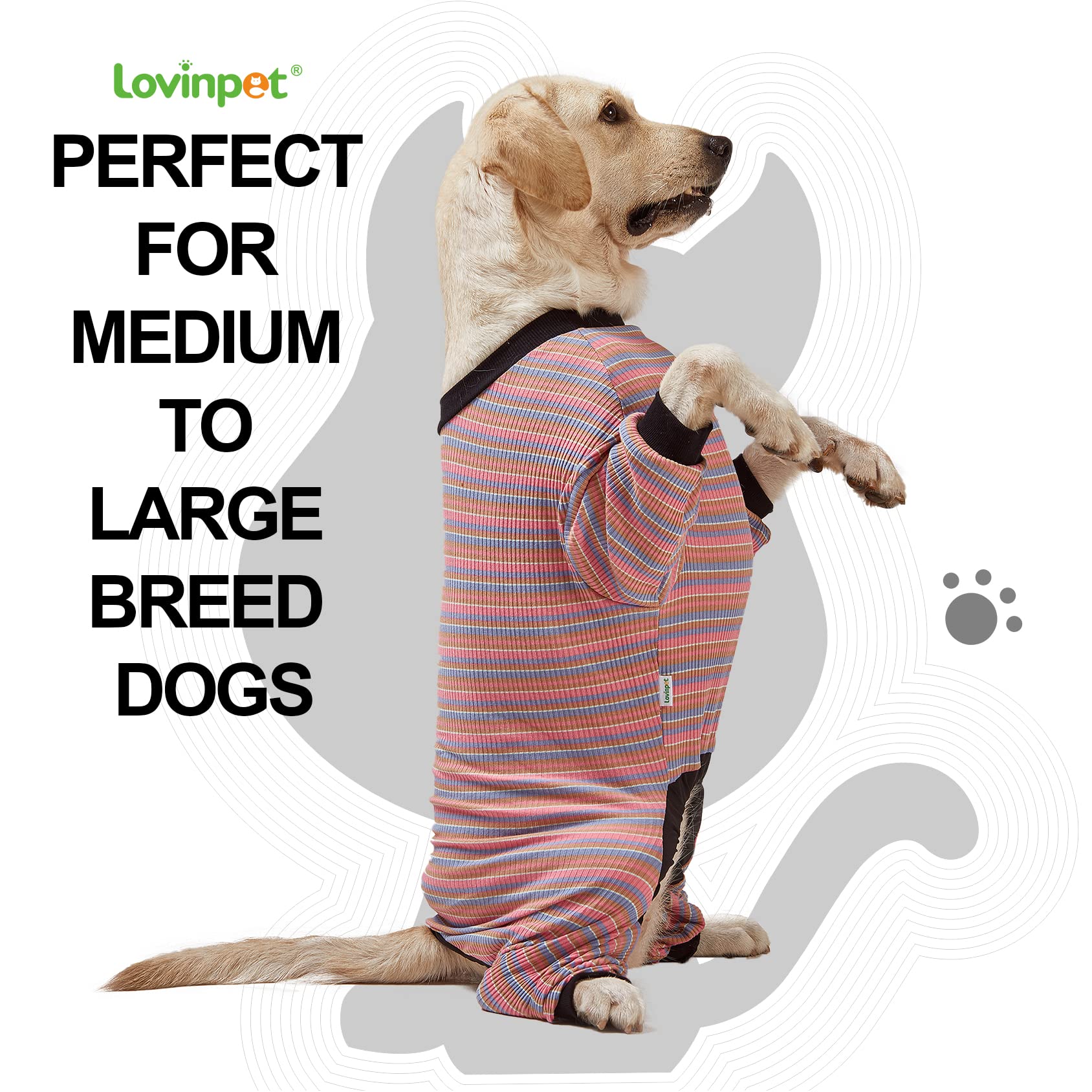 LovinPet Large Dog Pajamas, Cotton Multicolor Stripe Big Dog Shirt, Stop Shedding for Dogs, Full Body Dog Onesie, Pet Pajamas for Dogs, Pet PJ's, 3XL