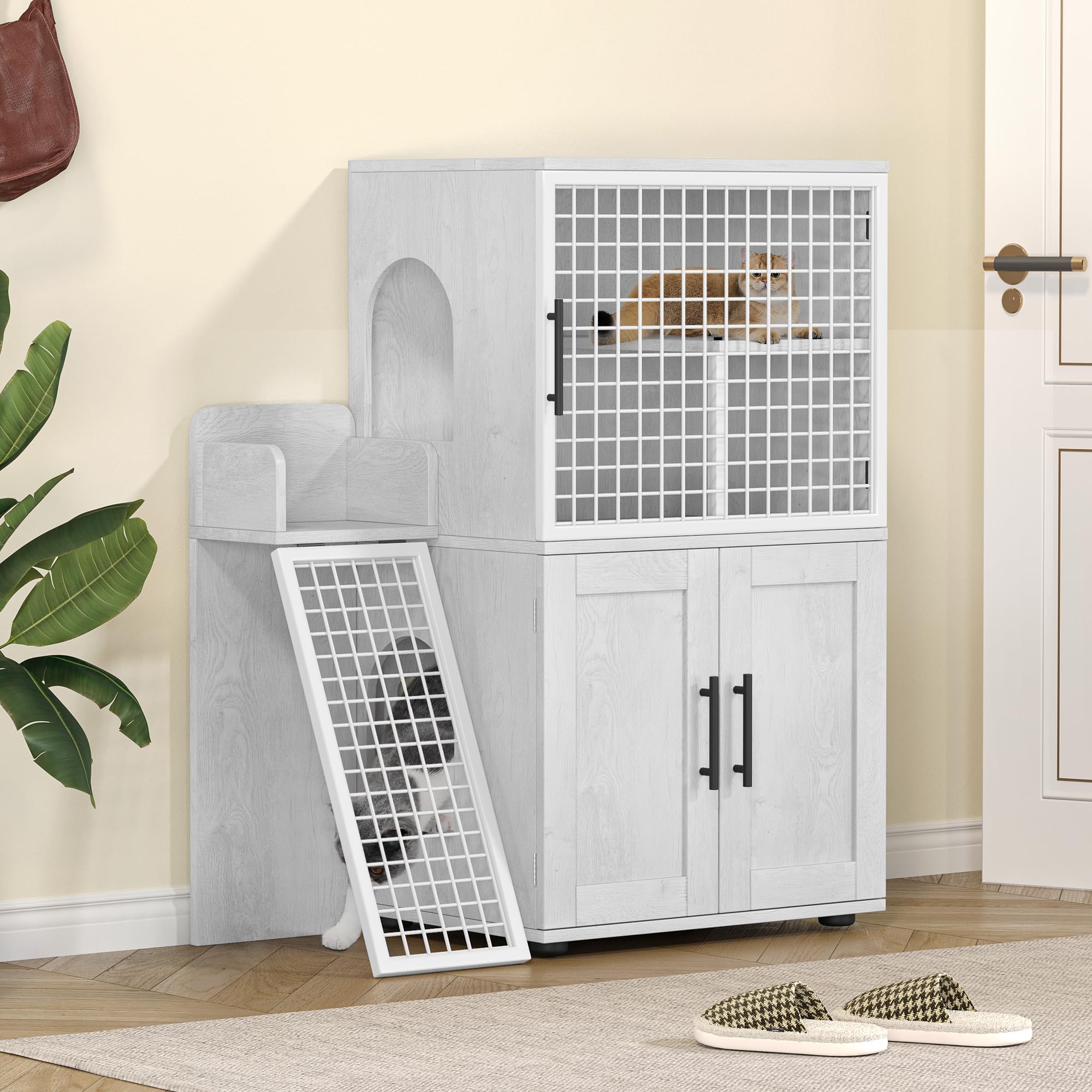 IDEALHOUSE Villa Litter Box Enclosure With Platform, Double Layer Hidden Furniture, Indoor Modern Cat Washroom, House With Ladder, 33.5" L x 17.9" W x 41.9" H, Antique White