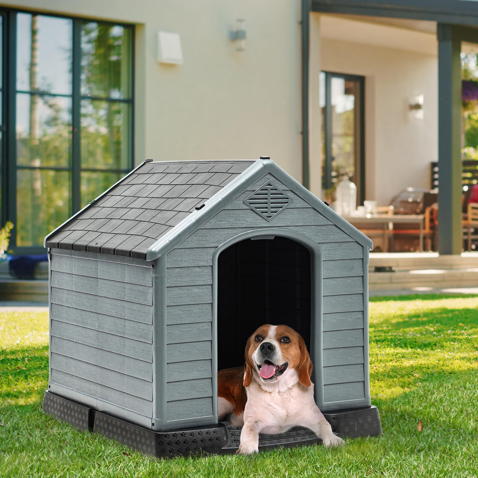 YITAHOME 34.5'' Large Plastic Dog House Outdoor Indoor Doghouse Puppy Shelter Water Resistant Easy Assembly Sturdy Dog Kennel with Air Vents and Elevated Floor (34.5''L*31''W*32''H, Black+Gray)
