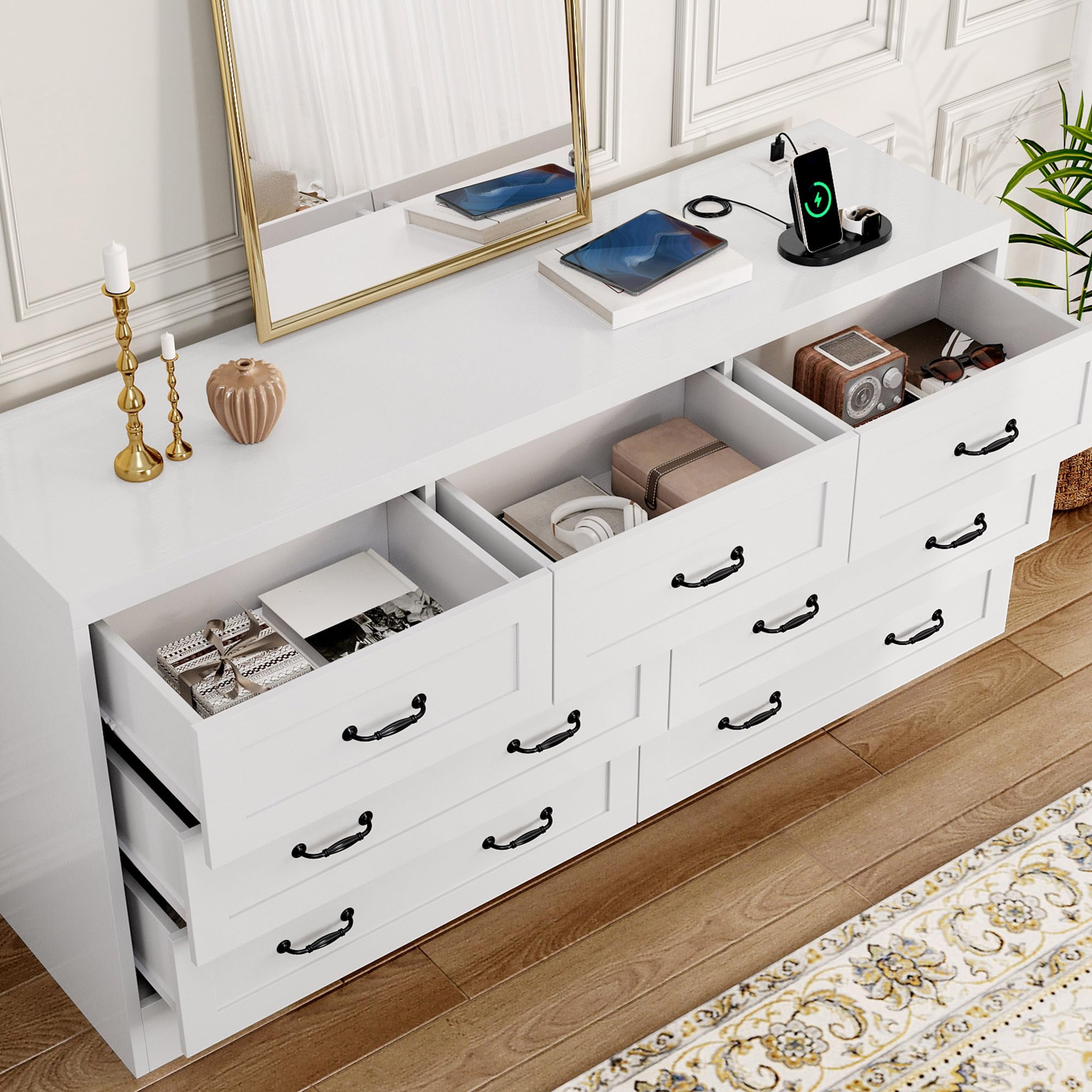 DWVO Large Buffet Sideboard Cabinet with 7 Drawers Power Outlets, Dressers Buffet Table Coffee Bar Wine Bar Storage Cabinet with Side Bags for Dining Room, Living Room (White)