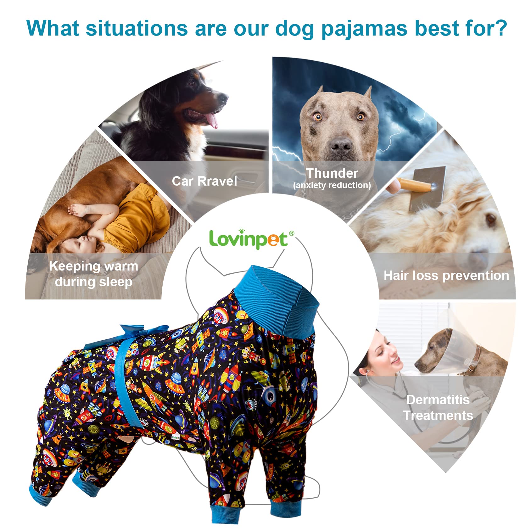 LovinPet Pitbull Onesie - Large Dog Pajamas, Post Surgery Recovery Shirt, Stretchy Fabric, Aim for the Moon Flannel Navy Print, Anti Licking, Easy to Wear Girl or Boy Dog Jammies, Pitbull Clothes, 2XL