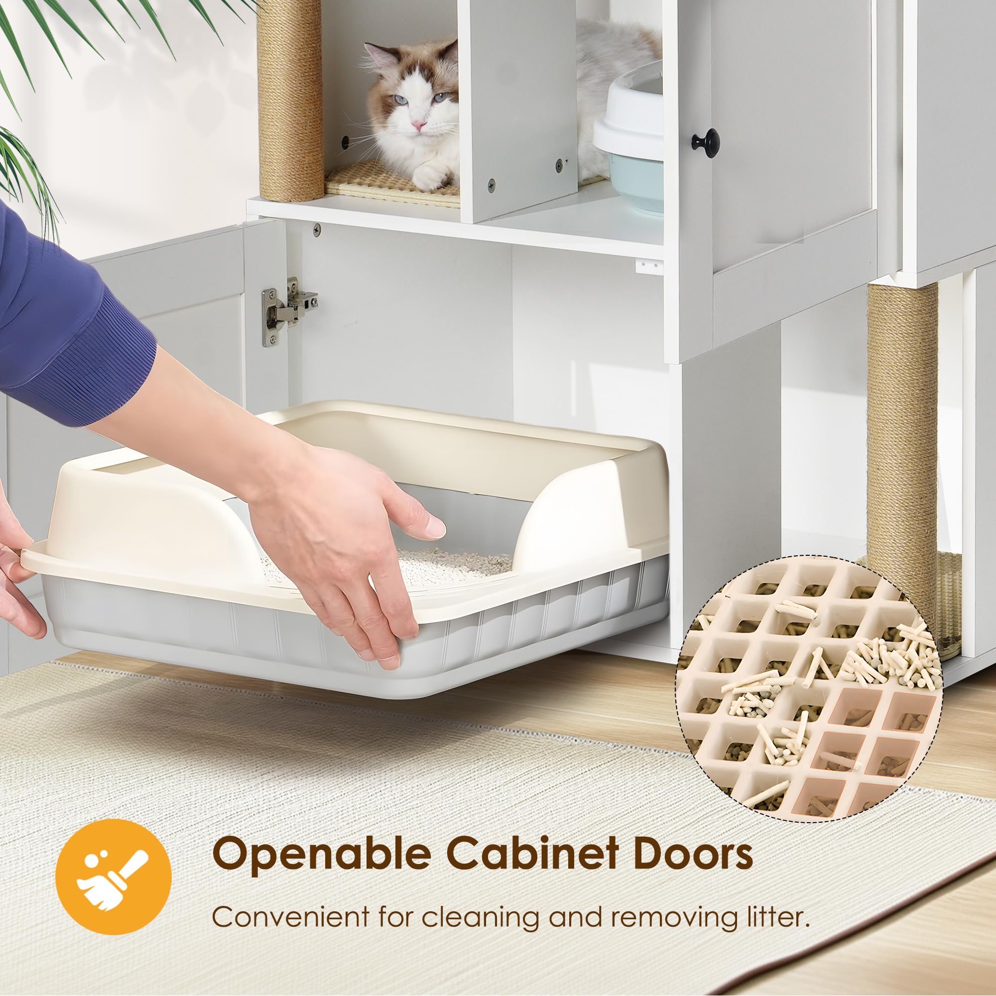 GarveeLife Cat Litter Box Enclosure for 2 Cats, Litter Box Enclosure with Double Room, Hidden Enclosed Cat Litter Box Furniture with Scratch Posts and Double-Layer Litter Mats White-A