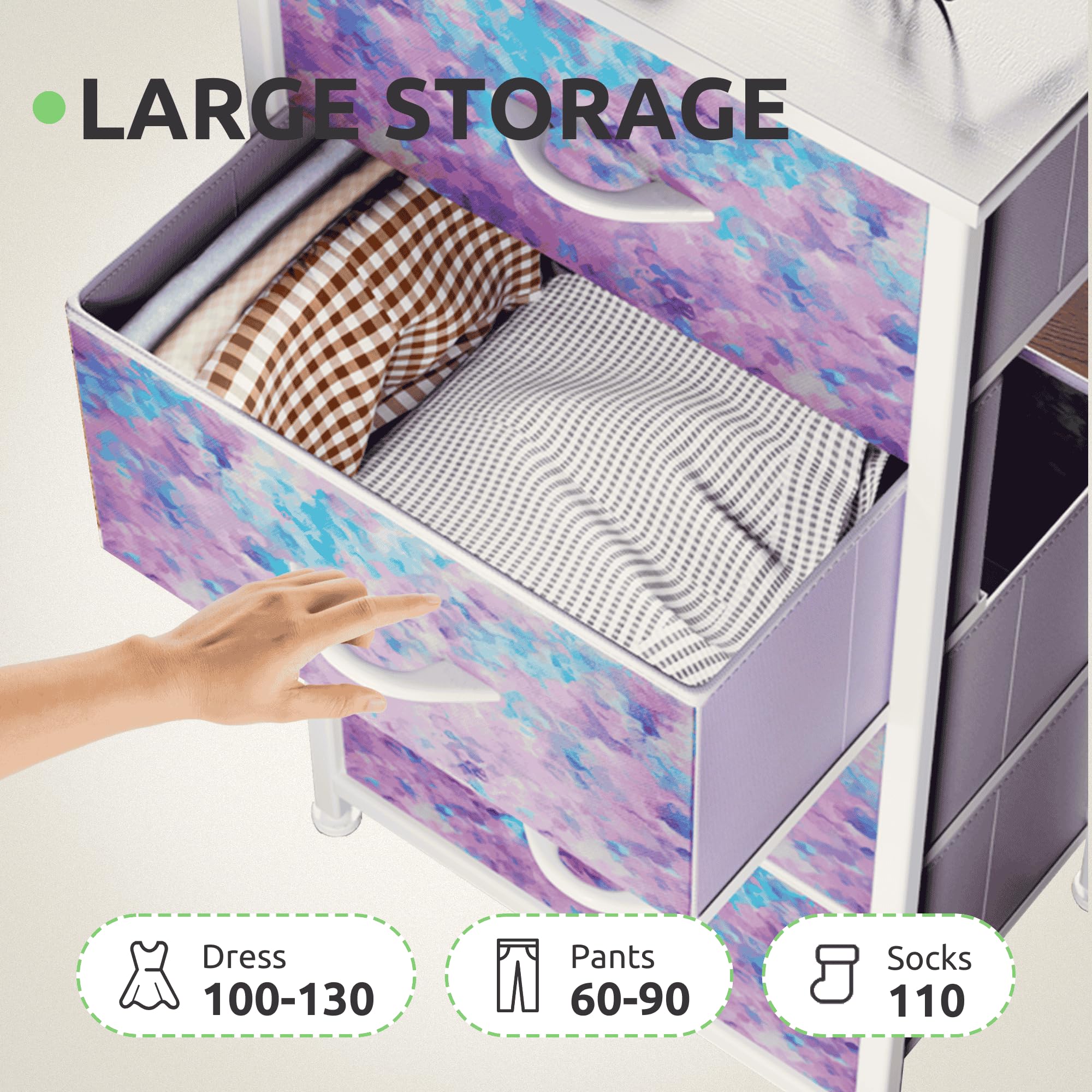 GOOBED Dresser with 4 Drawers - Storage Tower Unit, Dresser for Room, Living Room, Closets - Sturdy Steel Frame, Wooden Top & Easy Pull Fabric Bins, Tie-dye Purple