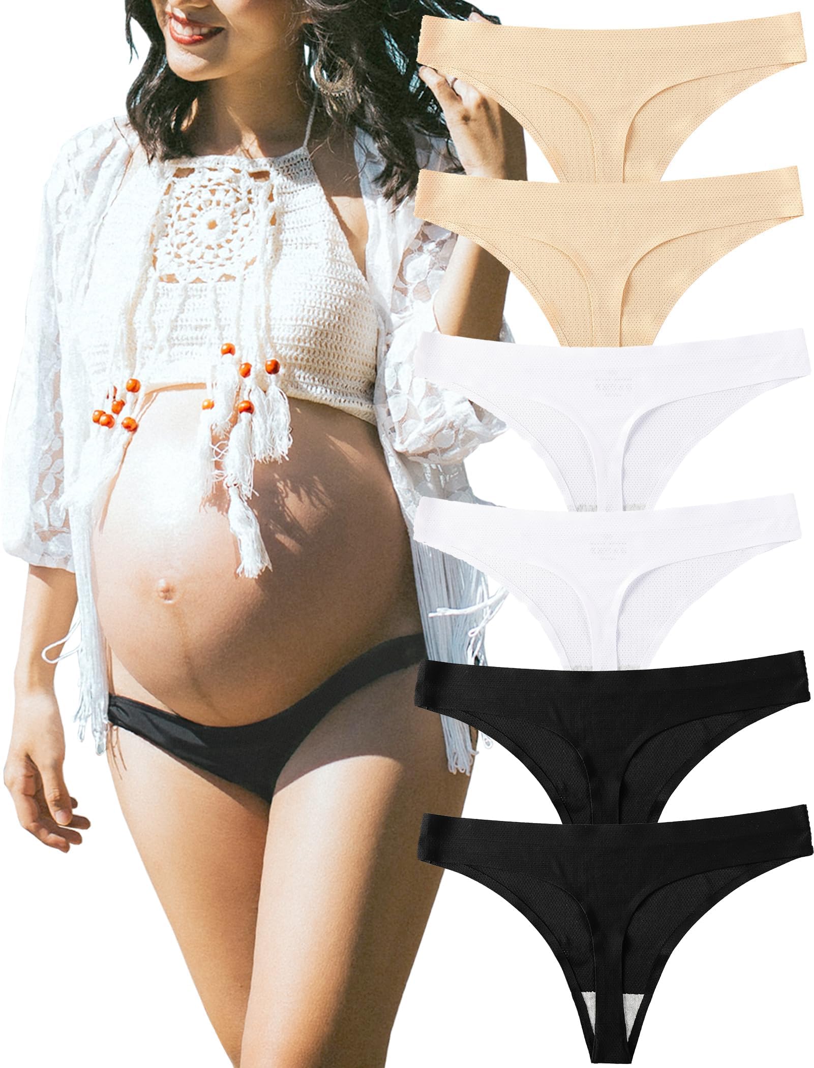 KUKU PANDA No Show Thongs for Women Ladies Comfortable Maternity Panties Seamless Underwear Set Athletic Workout Variety Pack (Black/White/Nude, Small)