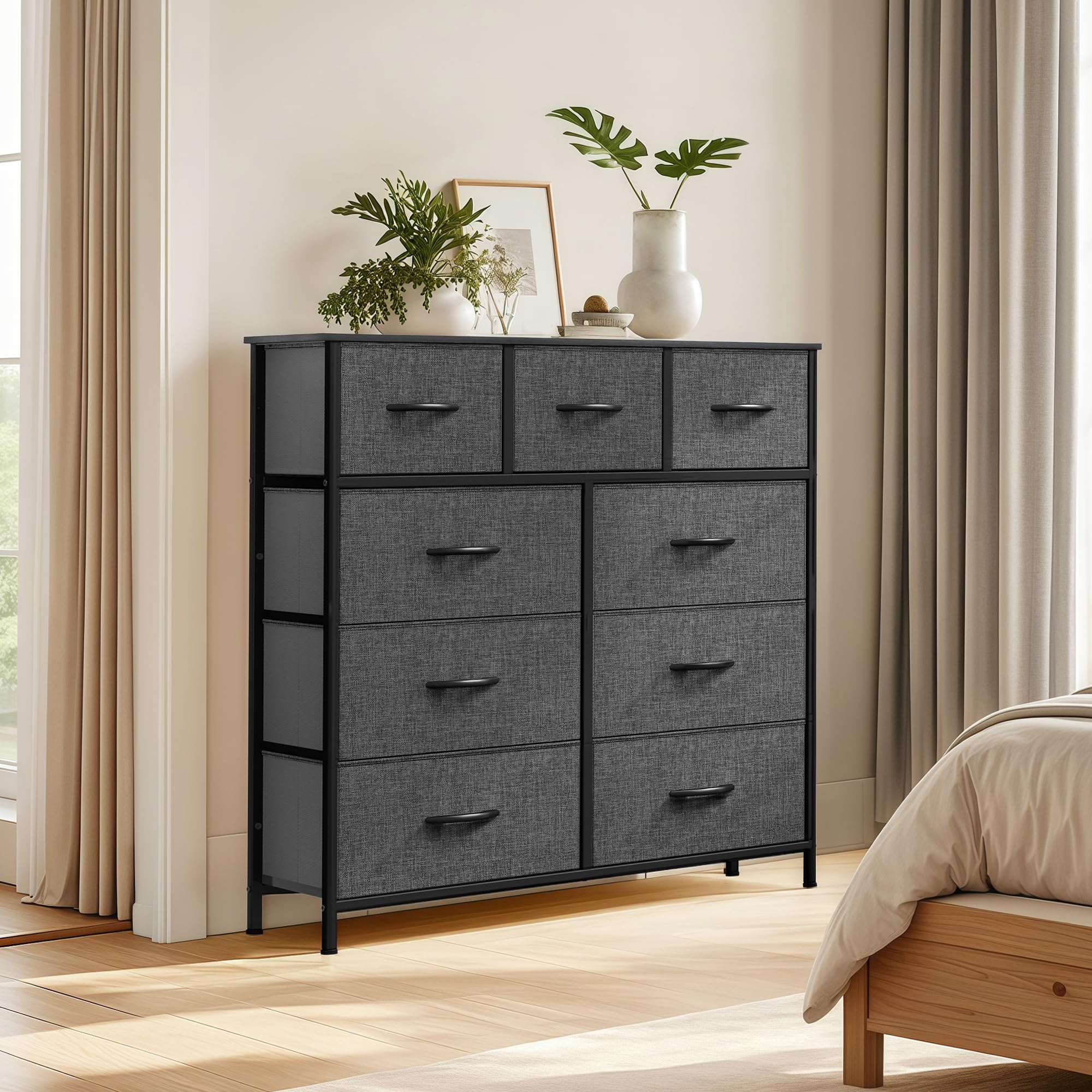GOOBED Dresser with 9 Drawers - Fabric Storage Tower, Tall Chest Organizer Unit for Living Room, Entryway with Sturdy Steel Frame, Wooden Top, Cool Black Grey