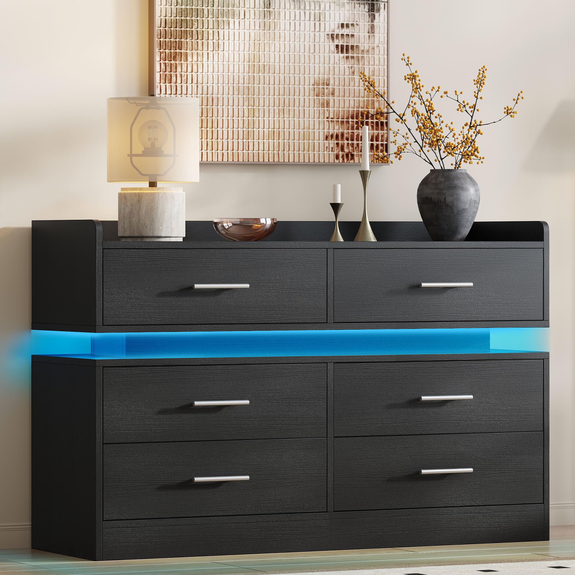 DWVO 6 Drawer Dresser, Modern Dresser Chest of Drawers, Wide Drawer Organizer Cabinet with Top Storage Shelf, Black