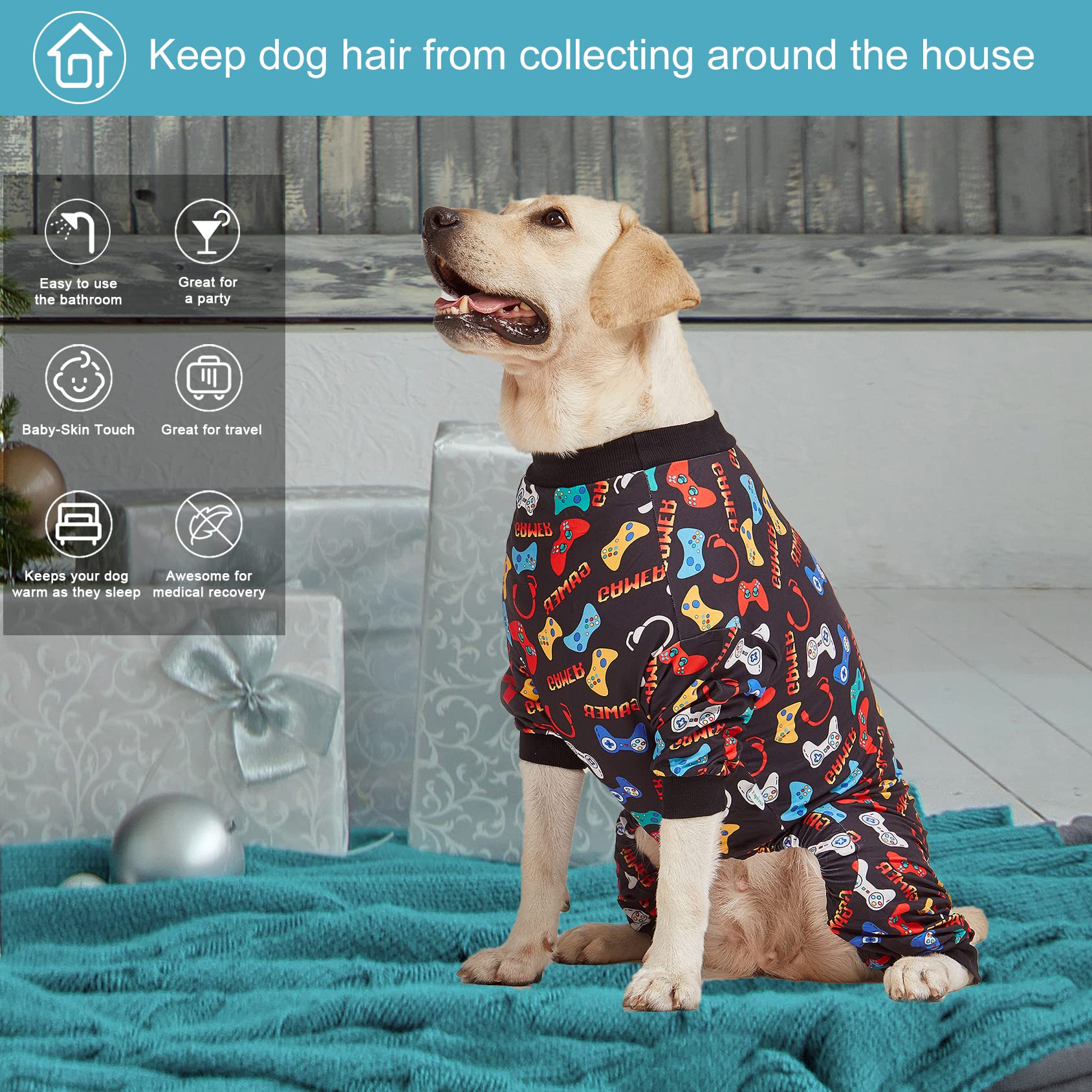 LovinPet Large Dog Pajamas, Game Console Print,UV Protection, Wound Care/Post Surgery Dog Clothes, Pet Anxiety Relief, Lightweight Stretchy Pitbull Pullover Shirt, Onesies for Dogs, Pet PJ's, 3XL
