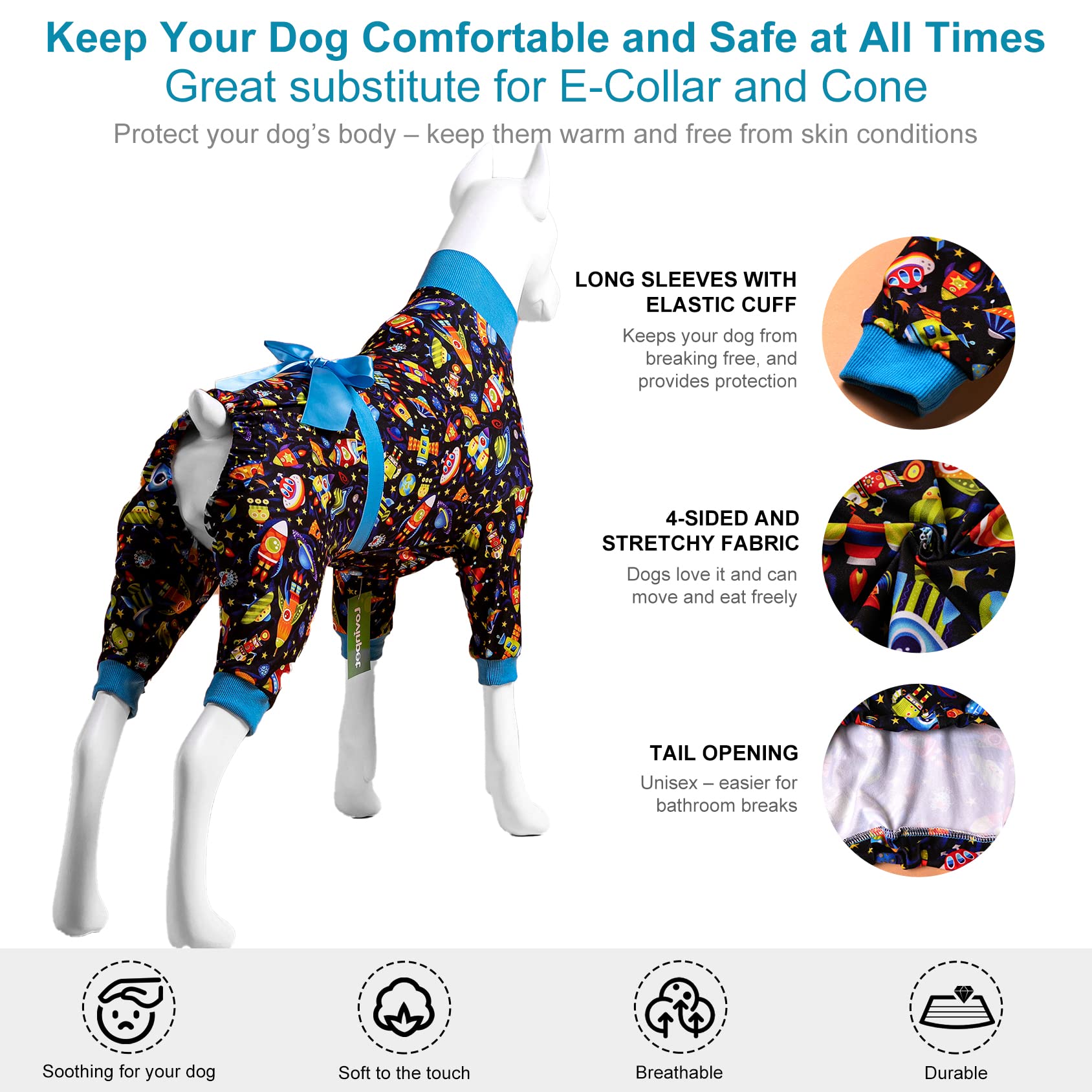 LovinPet Pitbull Onesie - Large Dog Pajamas, Post Surgery Recovery Shirt, Stretchy Fabric, Aim for the Moon Flannel Navy Print, Anti Licking, Easy to Wear Girl or Boy Dog Jammies, Pitbull Clothes, 2XL